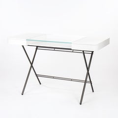Adentro Cosimo Desk design Marco Zanuso jr  white, glass top & bronze base.