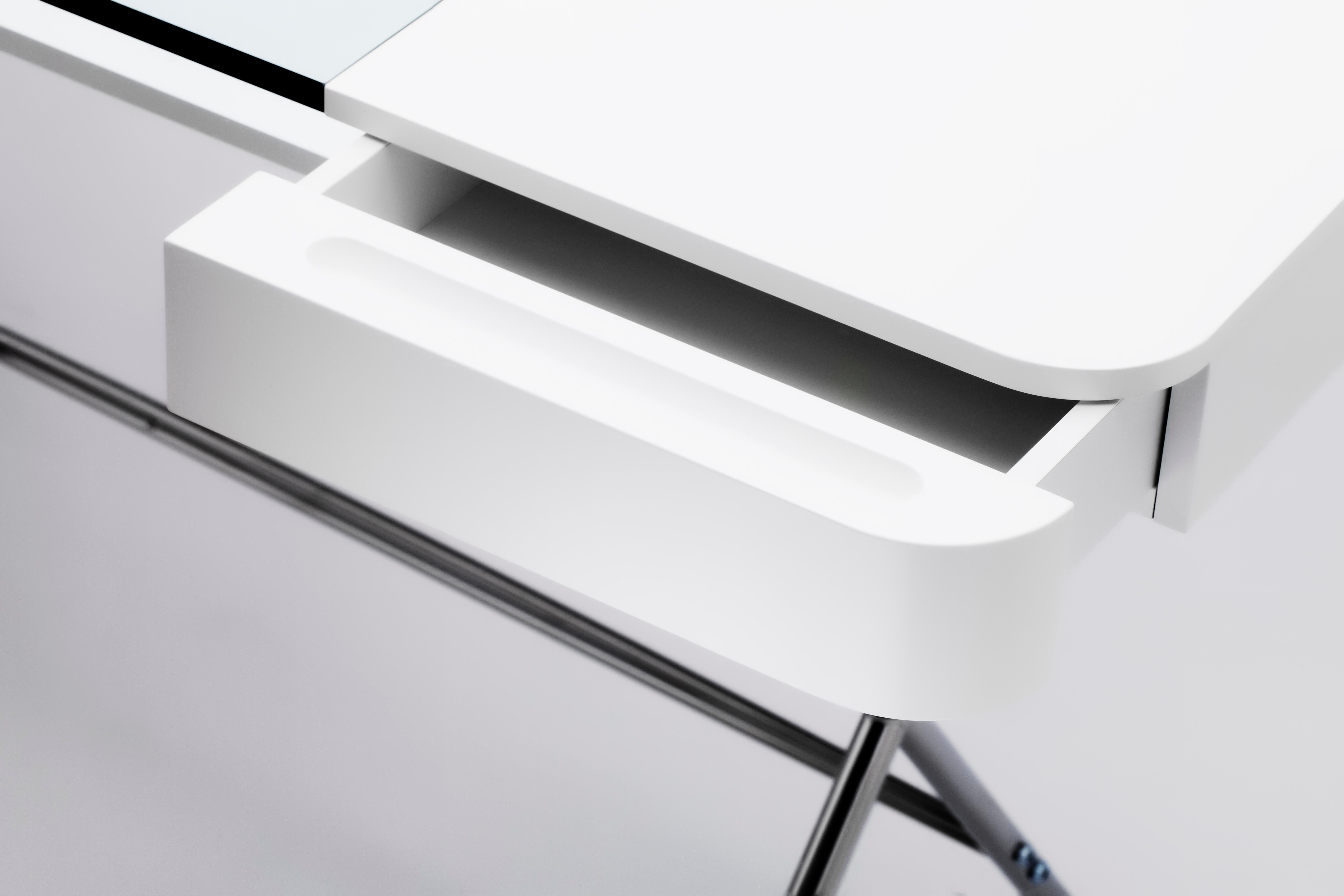Metal Adentro Cosimo Desk design Marco Zanuso jr  white, glass top & bronze base.  For Sale