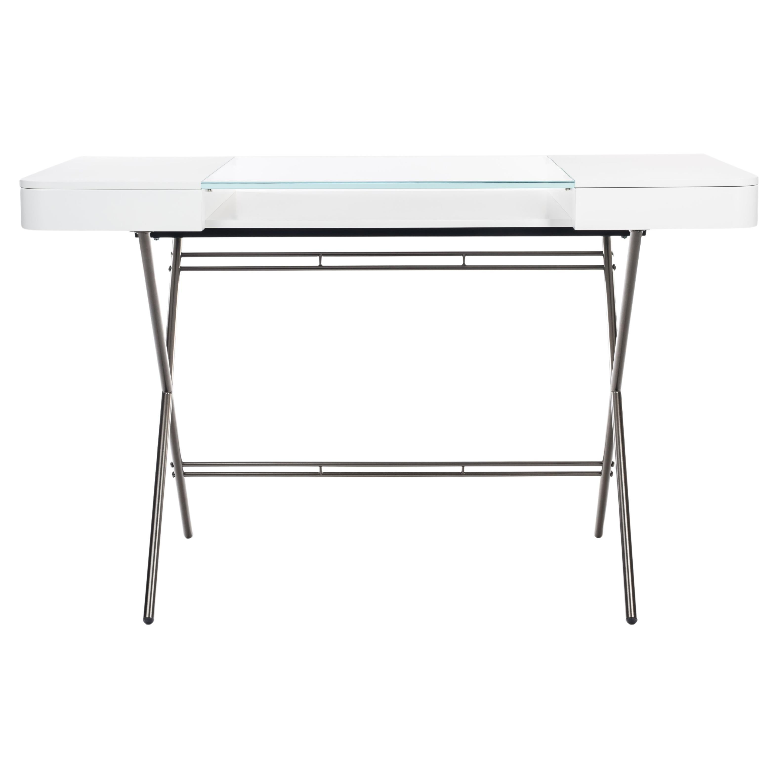 Adentro Cosimo Desk design Marco Zanuso jr  white, glass top & bronze base.  For Sale