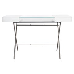 Adentro Cosimo Desk design Marco Zanuso jr  white, glass top & bronze base. 