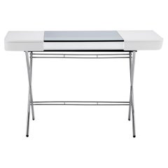 Adentro Cosimo Desk design Marco Zanuso jr  white, glass top & chrome base.