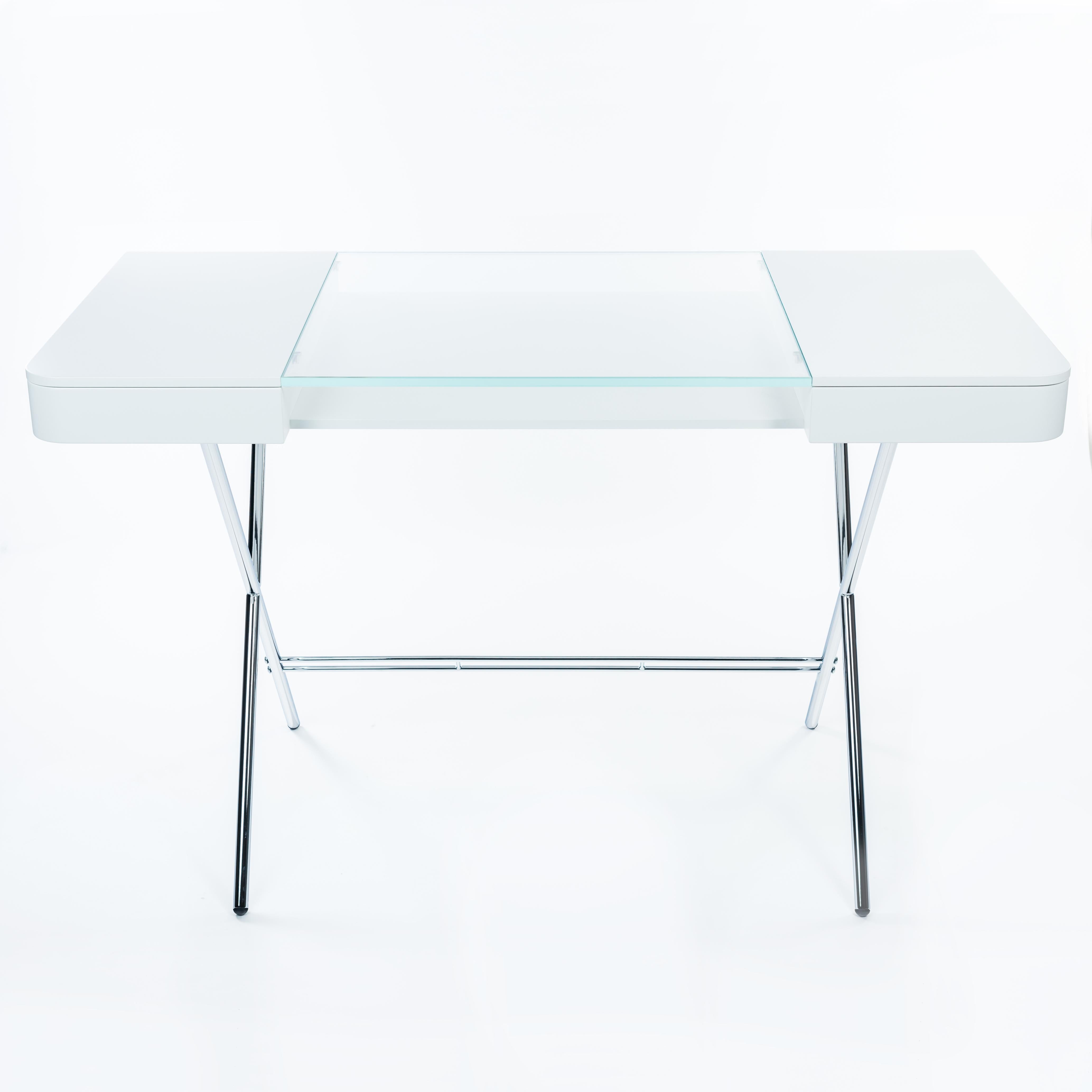 French Adentro Cosimo Desk design Marco Zanuso jr  white, glass top & chrome base.  For Sale