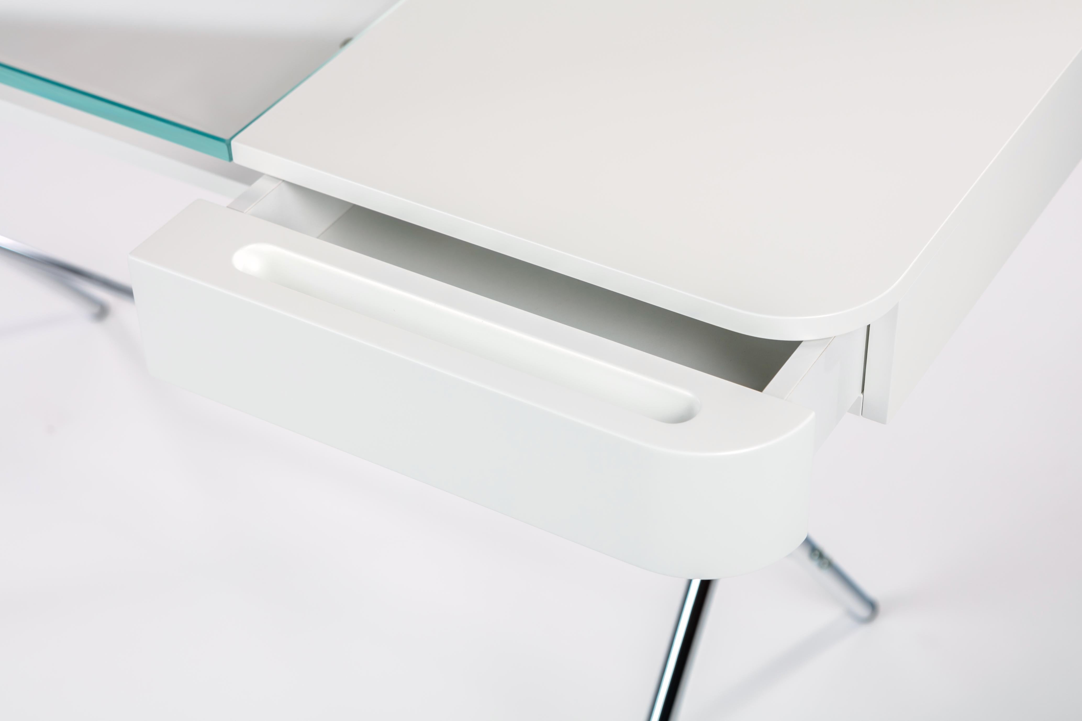 Lacquered Adentro Cosimo Desk design Marco Zanuso jr  white, glass top & chrome base.  For Sale