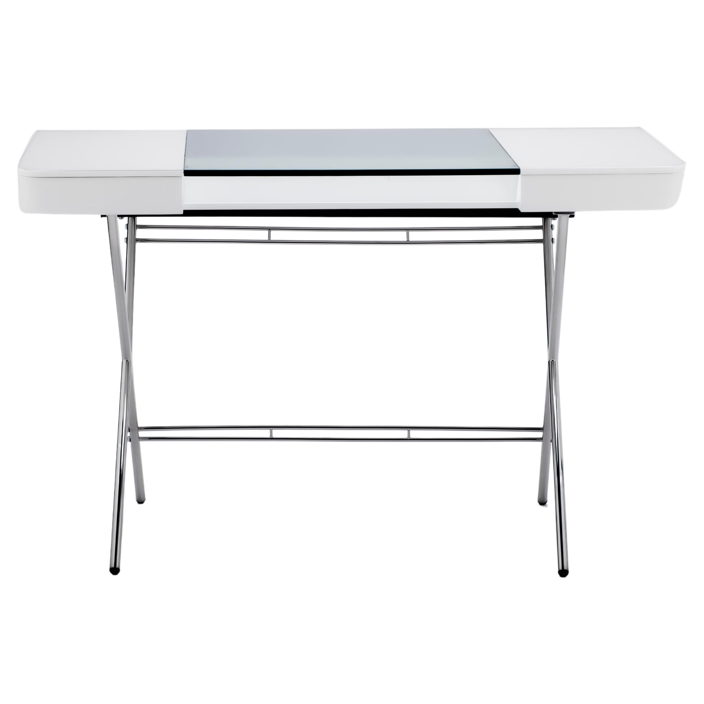 Adentro Cosimo Desk design Marco Zanuso jr  white, glass top & chrome base. 