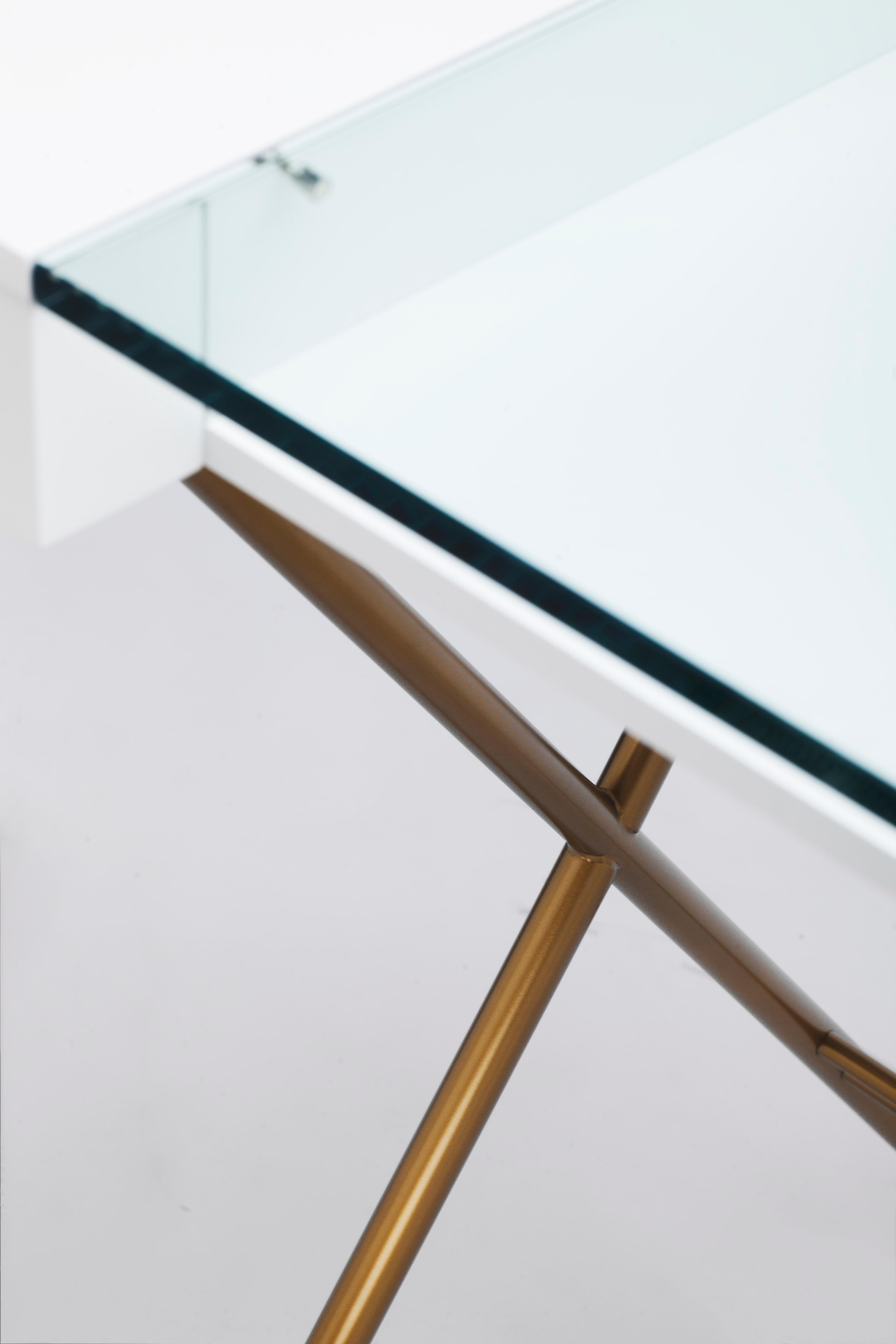 Adentro Cosimo Desk design Marco Zanuso jr  white, glass top & gold base.  For Sale 3