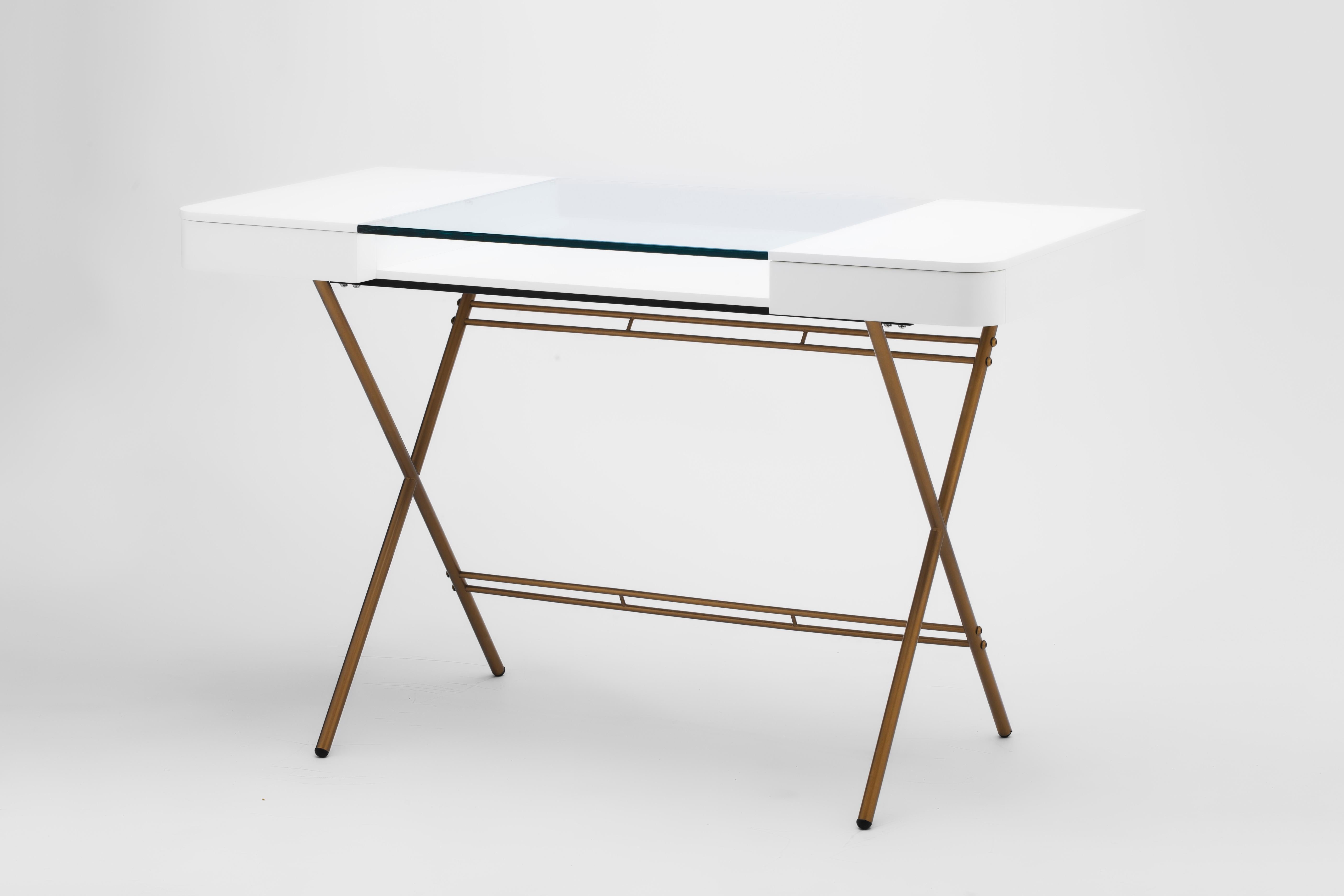 Adentro Cosimo Desk design Marco Zanuso jr  white, glass top & gold base.  For Sale 5