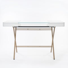 Adentro Cosimo Desk design Marco Zanuso jr  white, glass top & gold base.