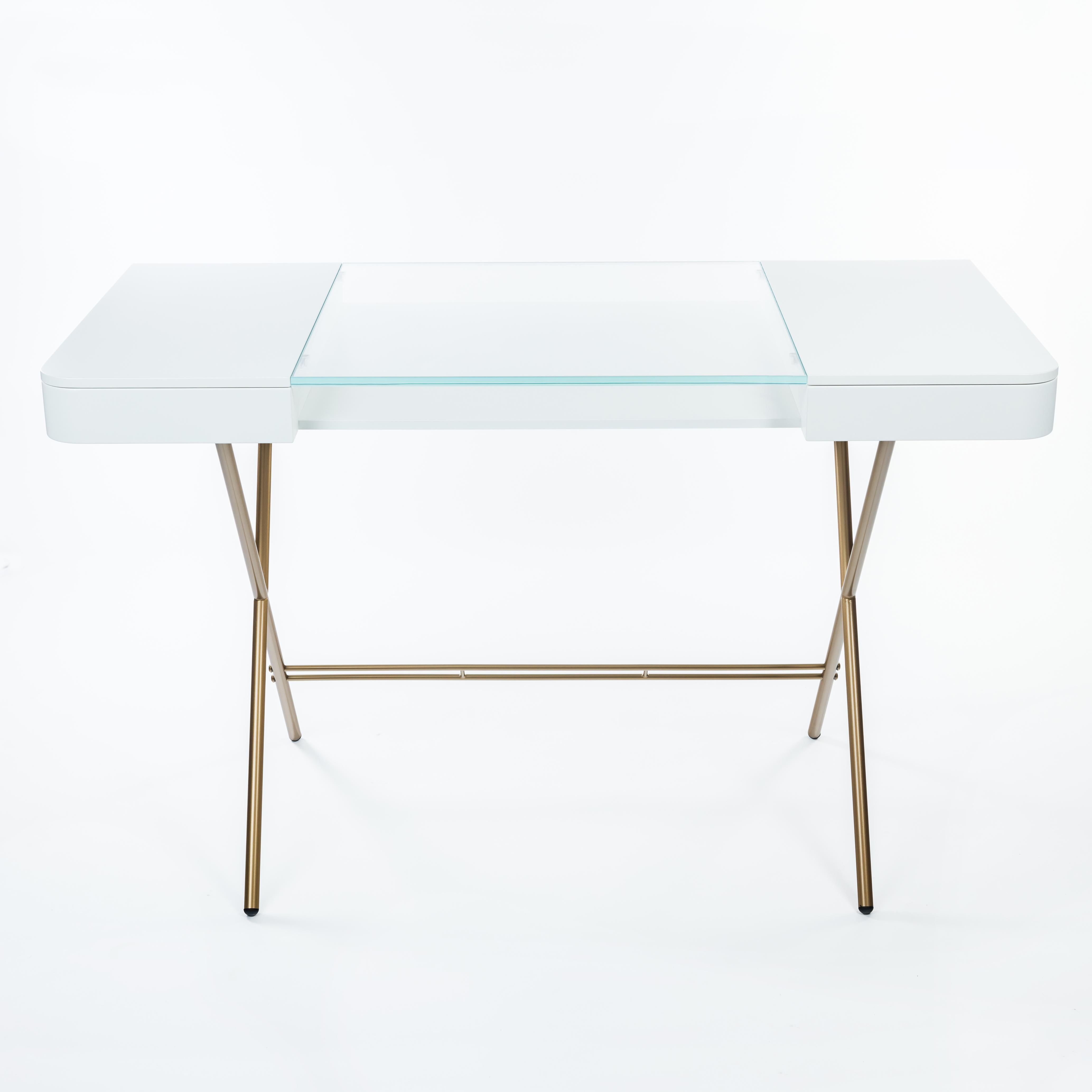 Modern Adentro Cosimo Desk design Marco Zanuso jr  white, glass top & gold base.  For Sale