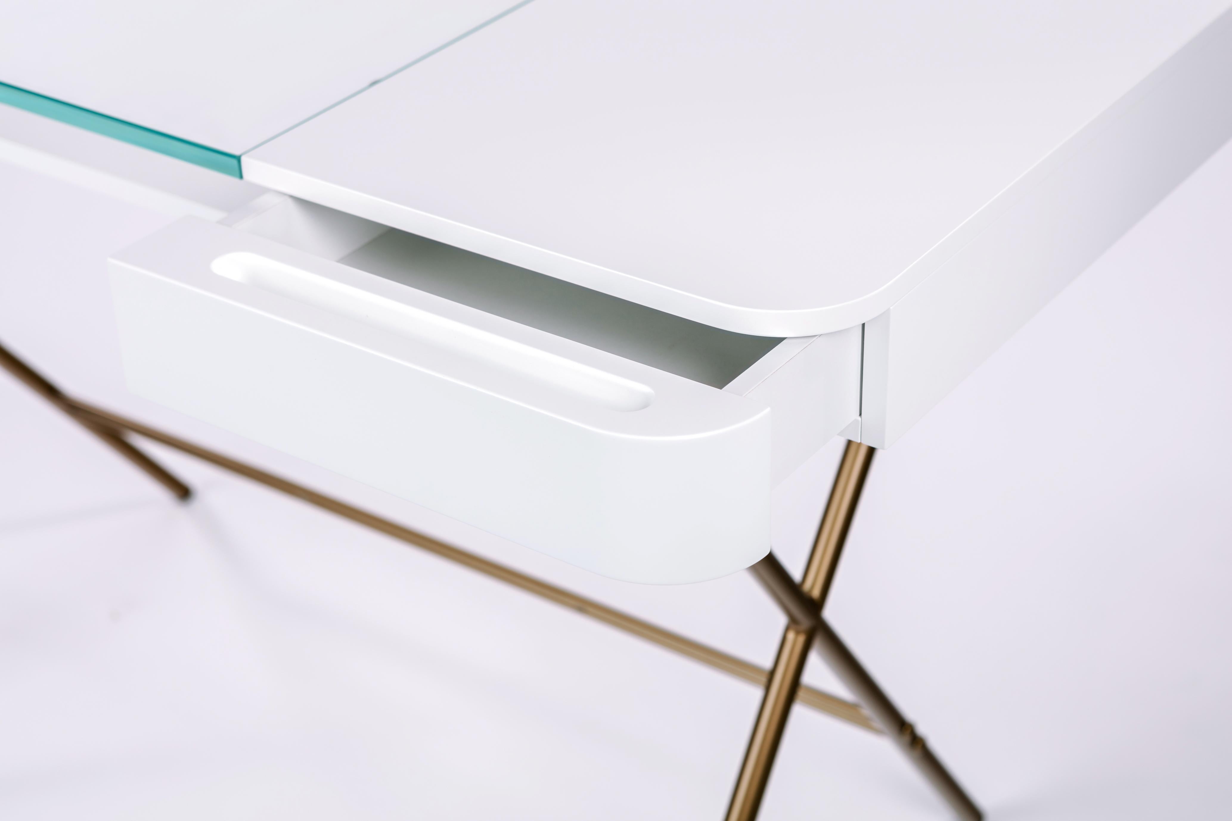 Lacquered Adentro Cosimo Desk design Marco Zanuso jr  white, glass top & gold base.  For Sale