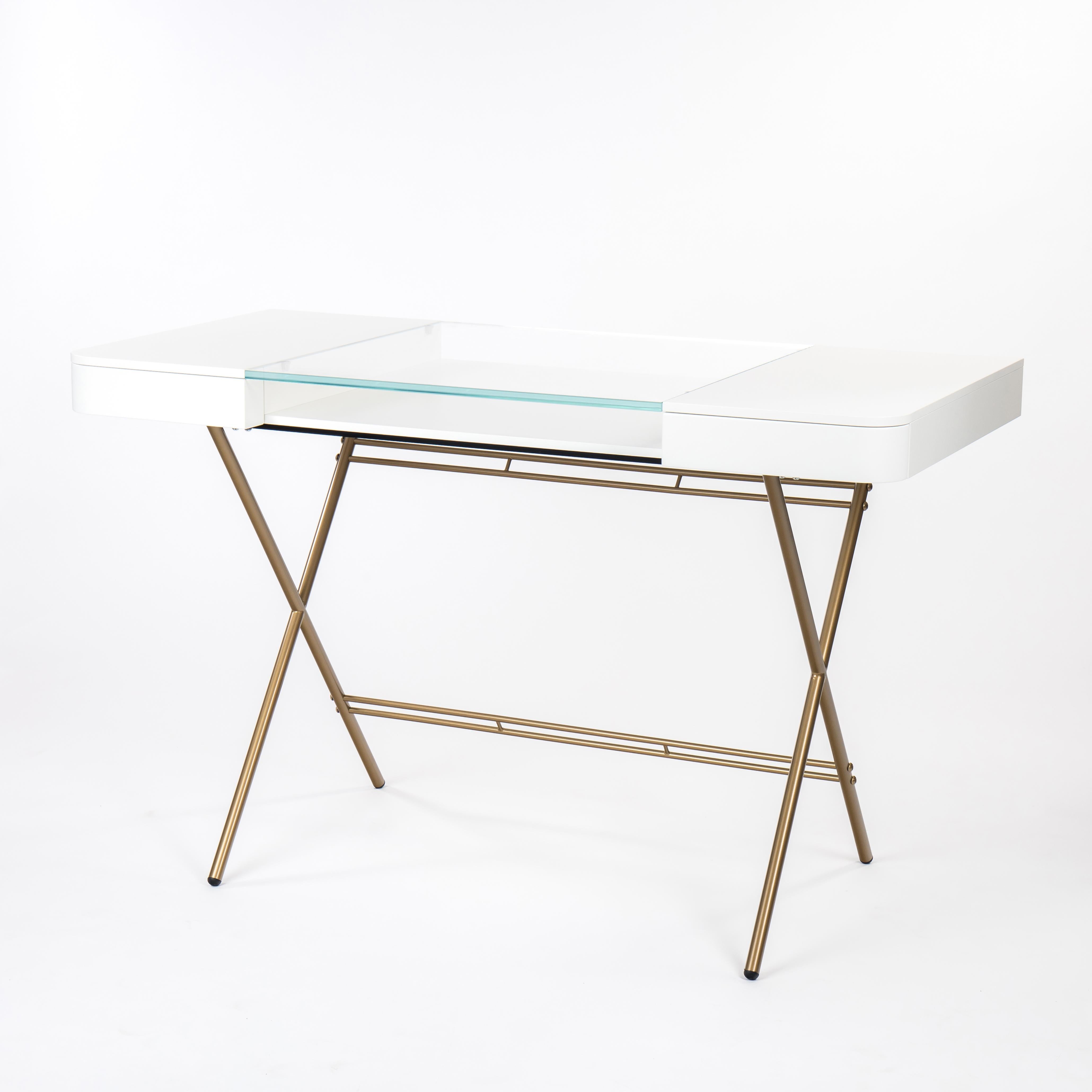 Contemporary Adentro Cosimo Desk design Marco Zanuso jr  white, glass top & gold base.  For Sale