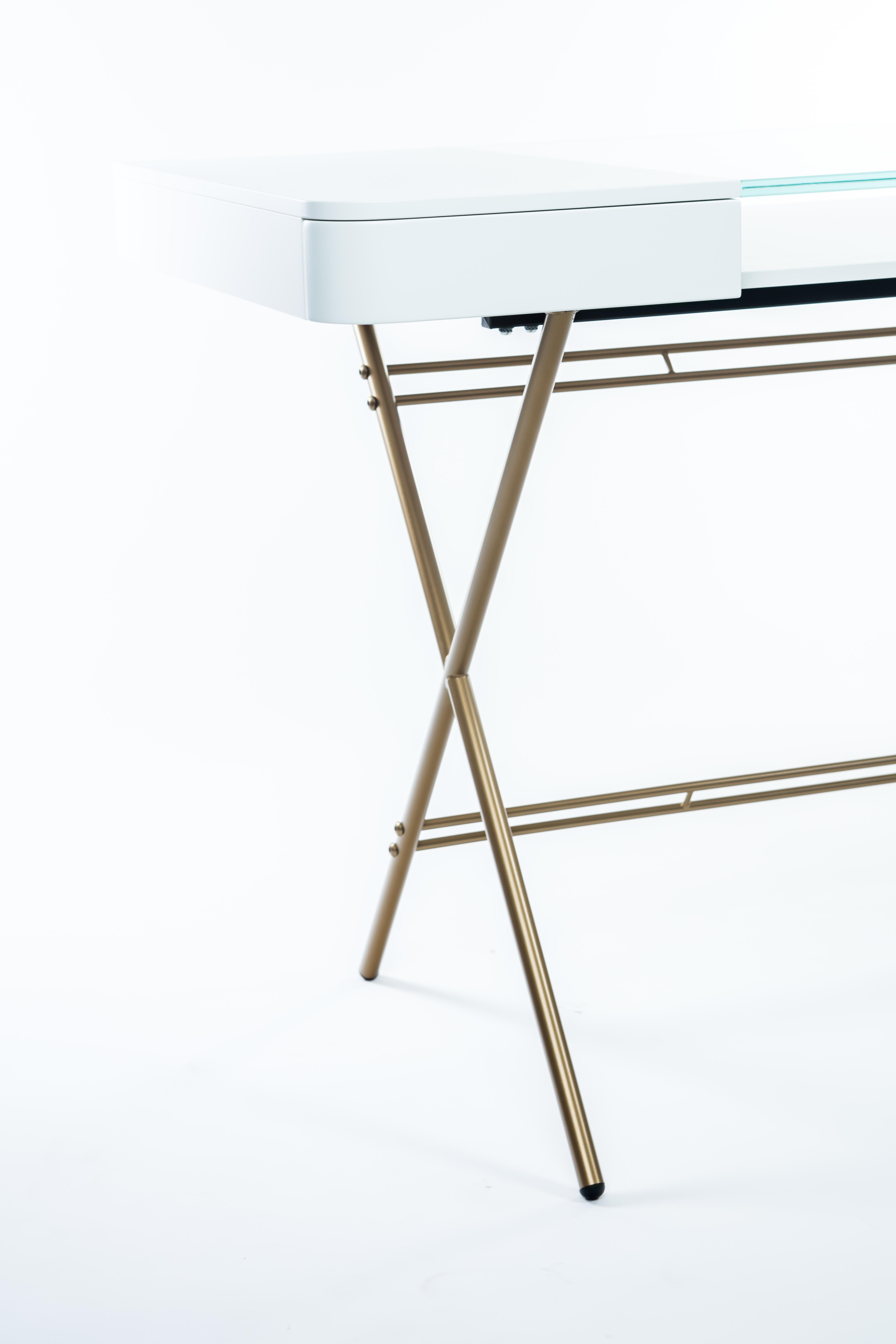 Metal Adentro Cosimo Desk design Marco Zanuso jr  white, glass top & gold base.  For Sale