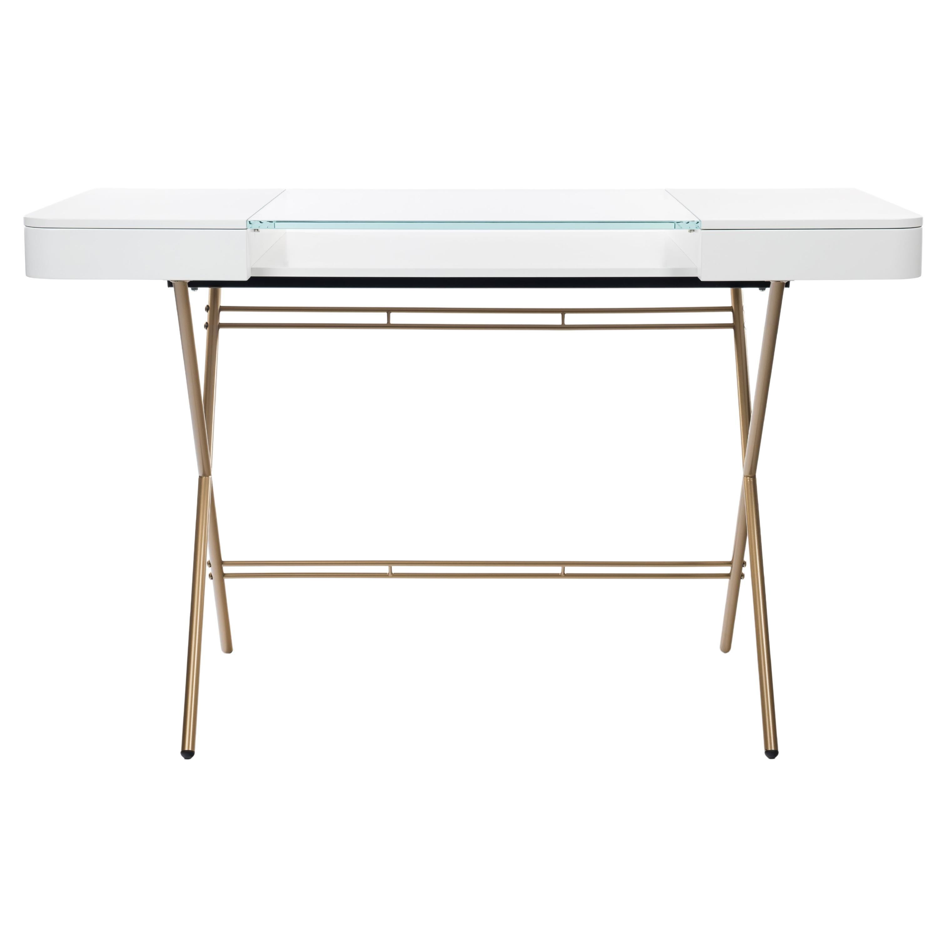 Adentro Cosimo Desk design Marco Zanuso jr  white, glass top & gold base. 