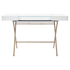 Adentro Cosimo Desk design Marco Zanuso jr  white, glass top & gold base. 