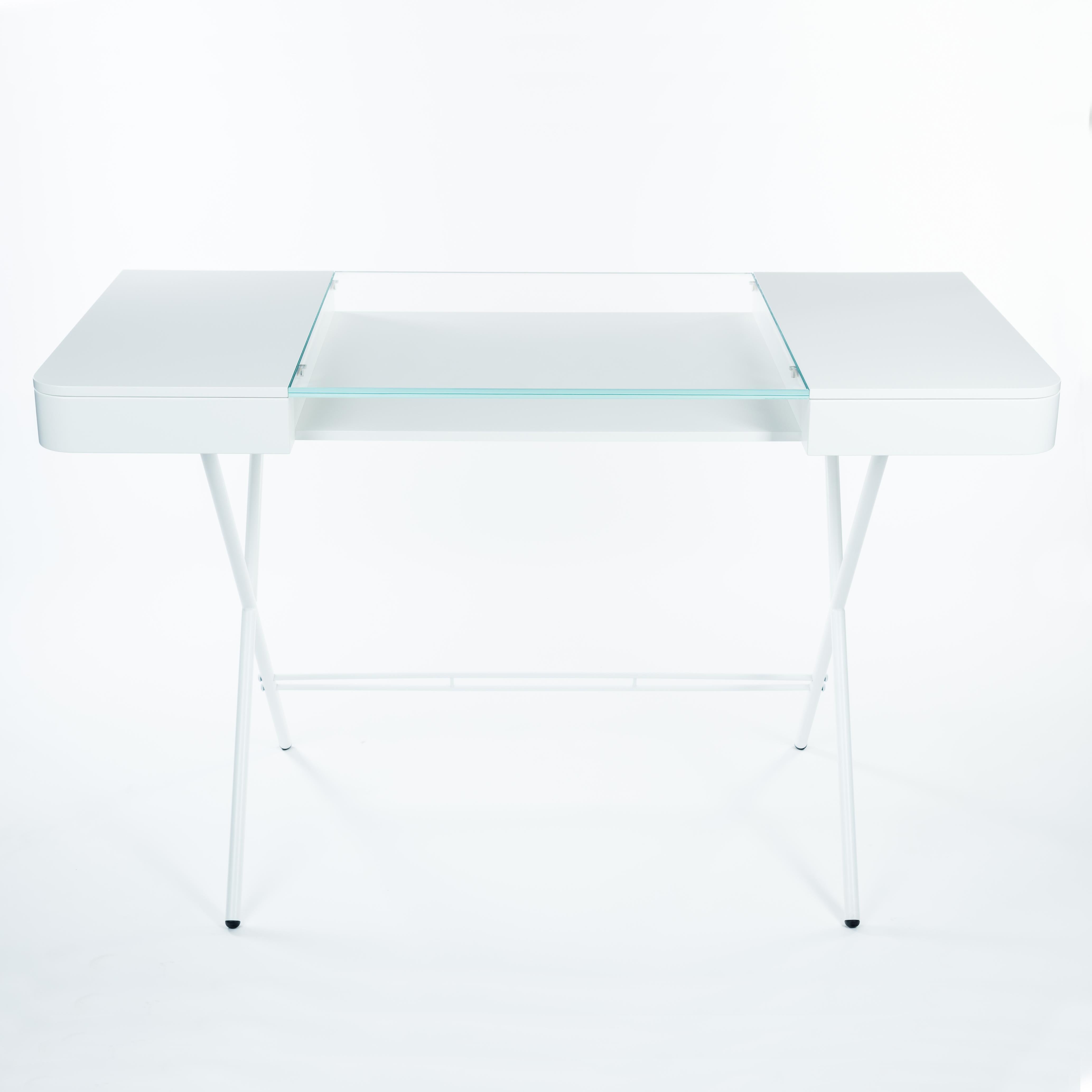 Schreibtischdesign von Adentro Cosimo, Marco Zanuso jr  weiß, Glasplatte und weißer Sockel.  (Französisch) im Angebot
