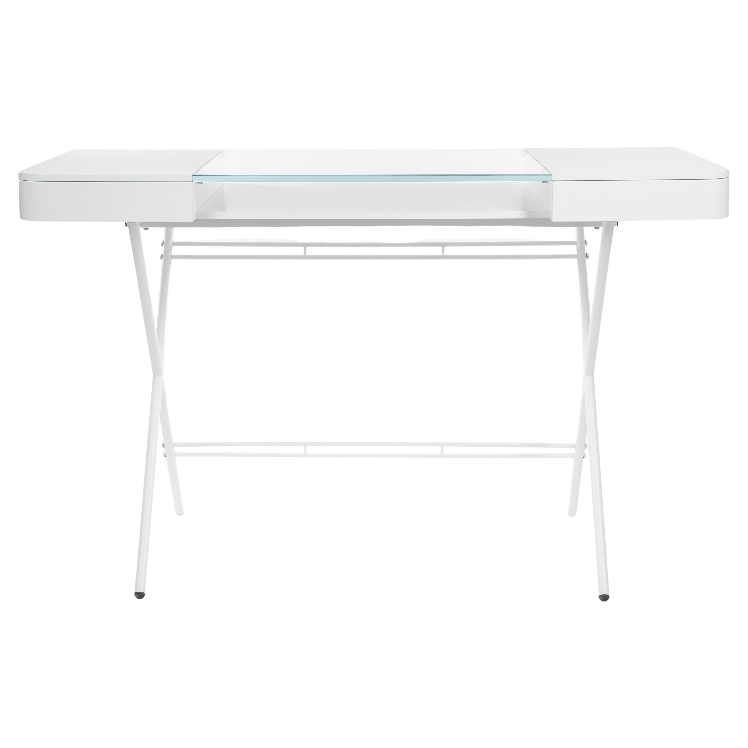 Schreibtischdesign von Adentro Cosimo, Marco Zanuso jr  weiß, Glasplatte und weißer Sockel.  im Angebot