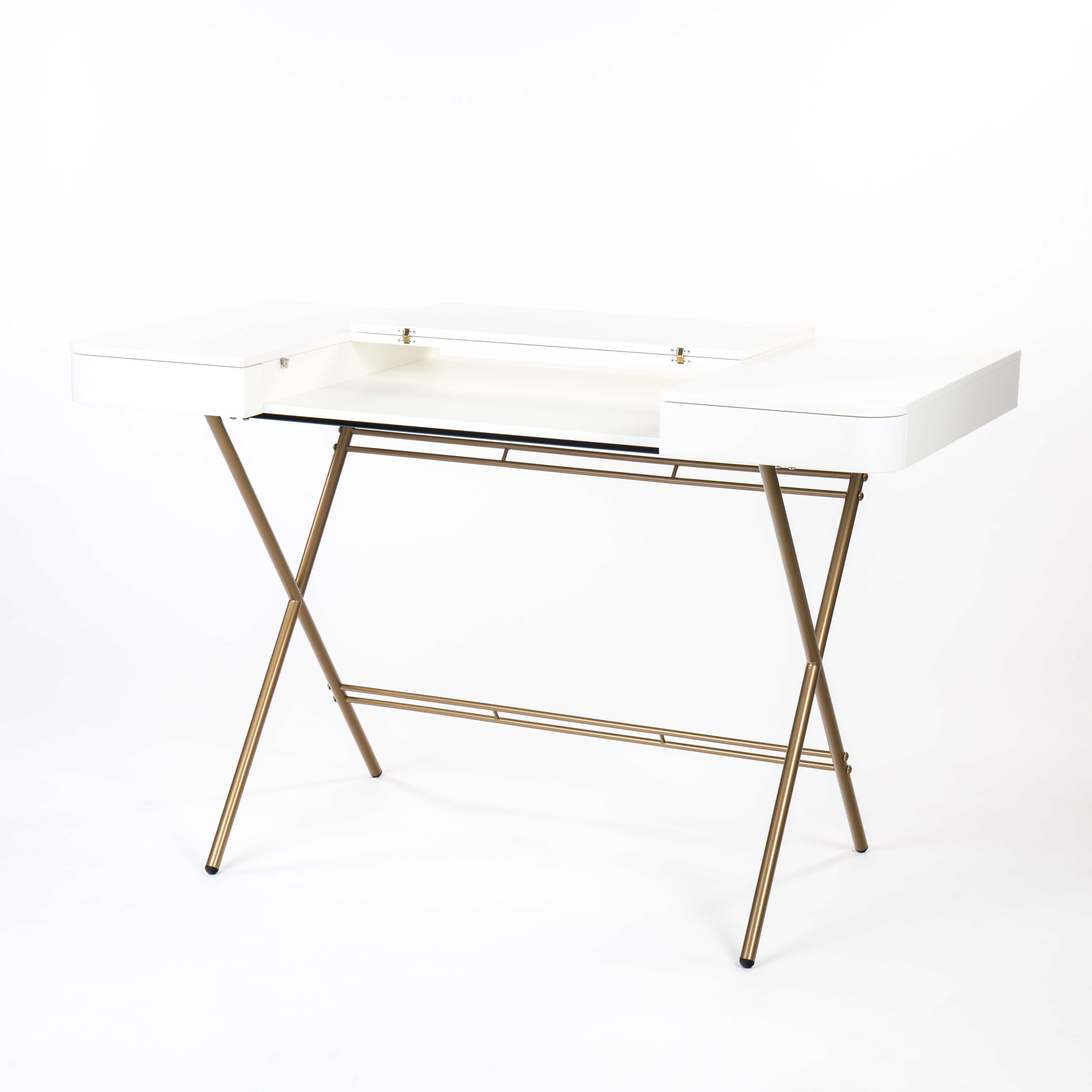 The Cosimo desk was designed by the architect Marco Zanuso Jr. in 2017 for luxury French furniture brand, Adentro Paris. The central panel of the desktop folds back to reveal a hidden shelf below, and integrated drawers on either side provide ample
