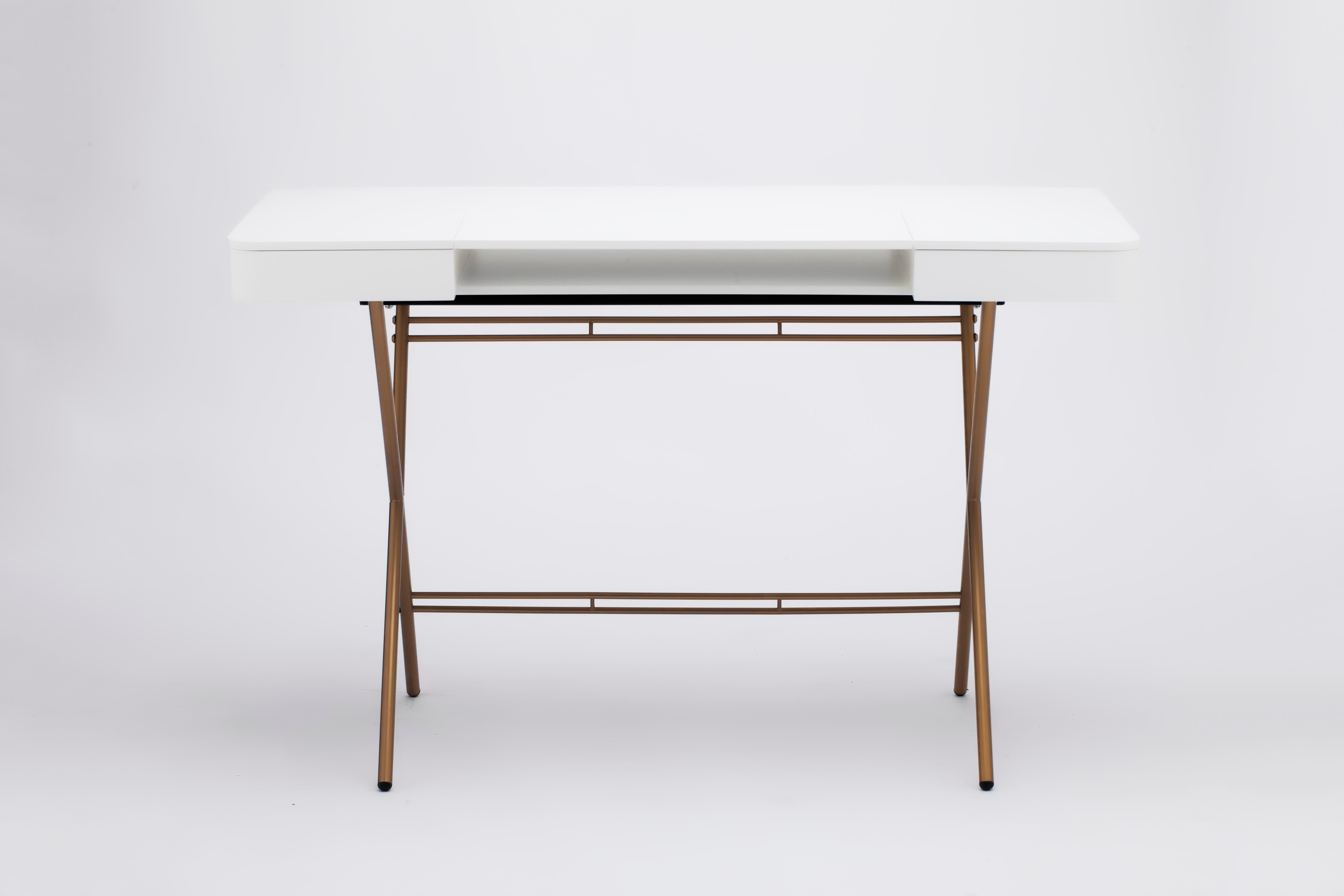 French Adentro Cosimo Desk design Marco Zanuso jr White Matt  top & golden base.  For Sale
