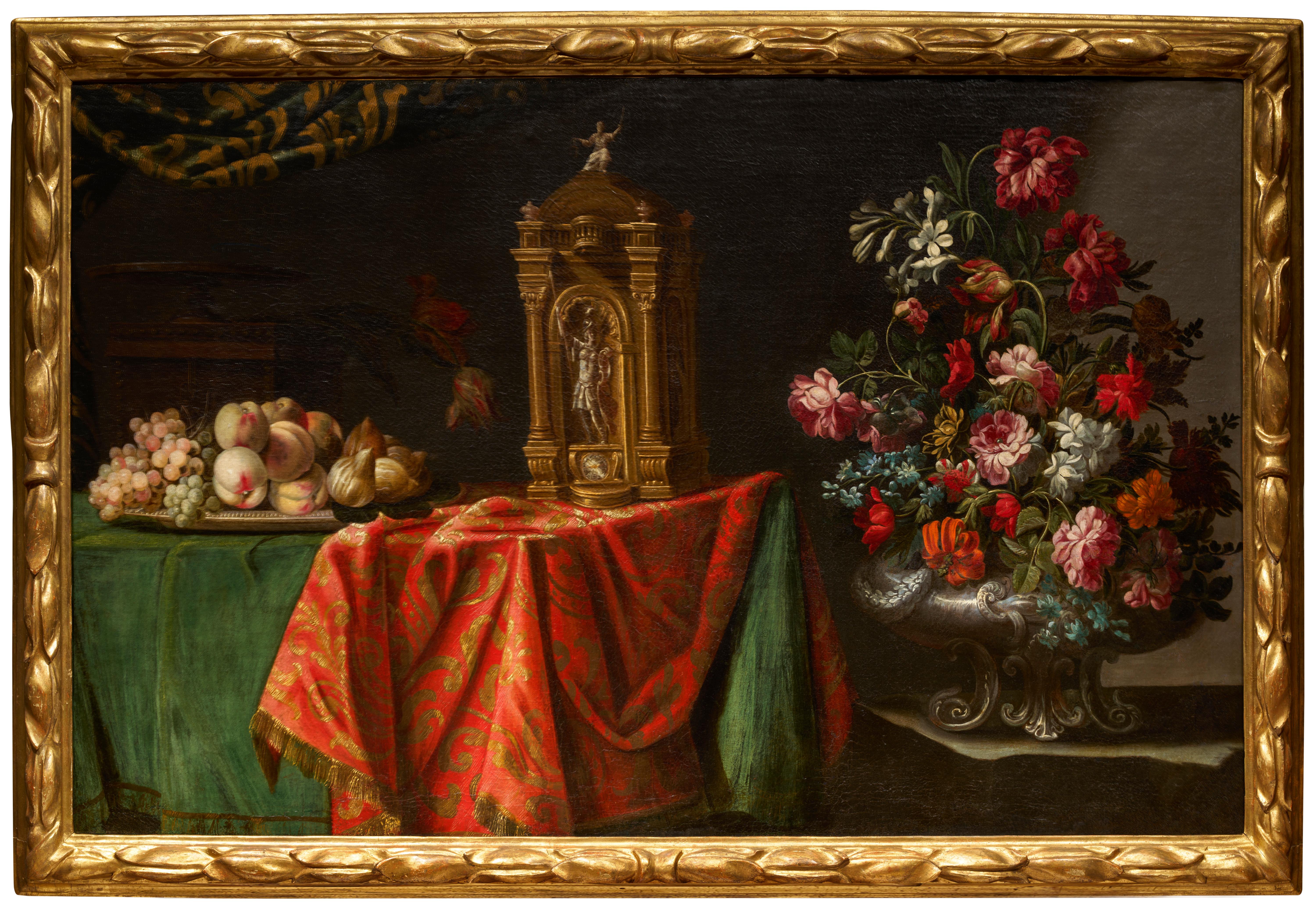 Adeodato Zuccati Interior Painting - Baroque silver Vase with Flowers with a Fruit Tray and a Clock by A. Zuccati 