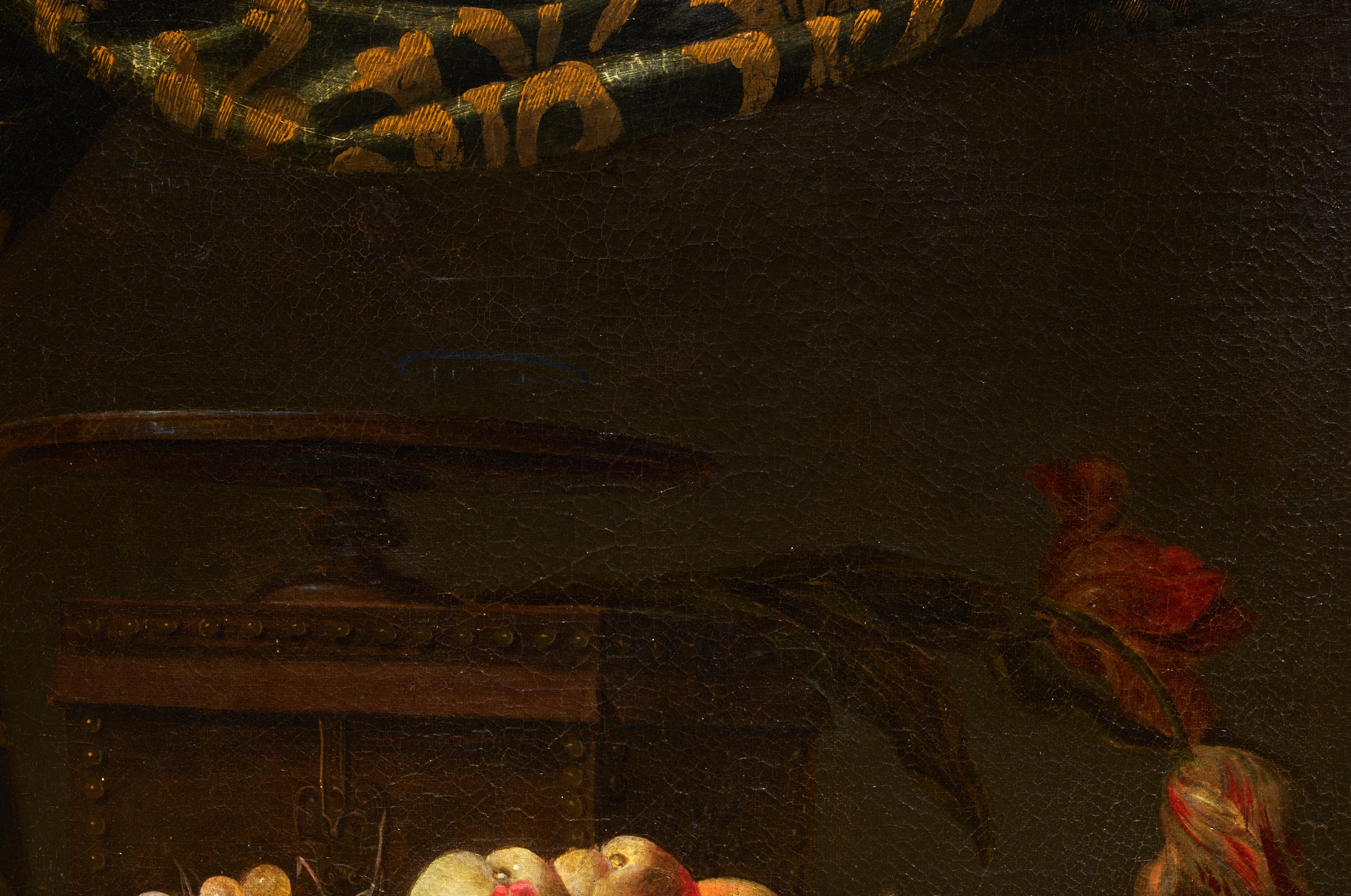 Vase baroque en argent avec fleurs et plateau à fruits et horloge par A. Zuccati  - Noir Interior Painting par Adeodato Zuccati