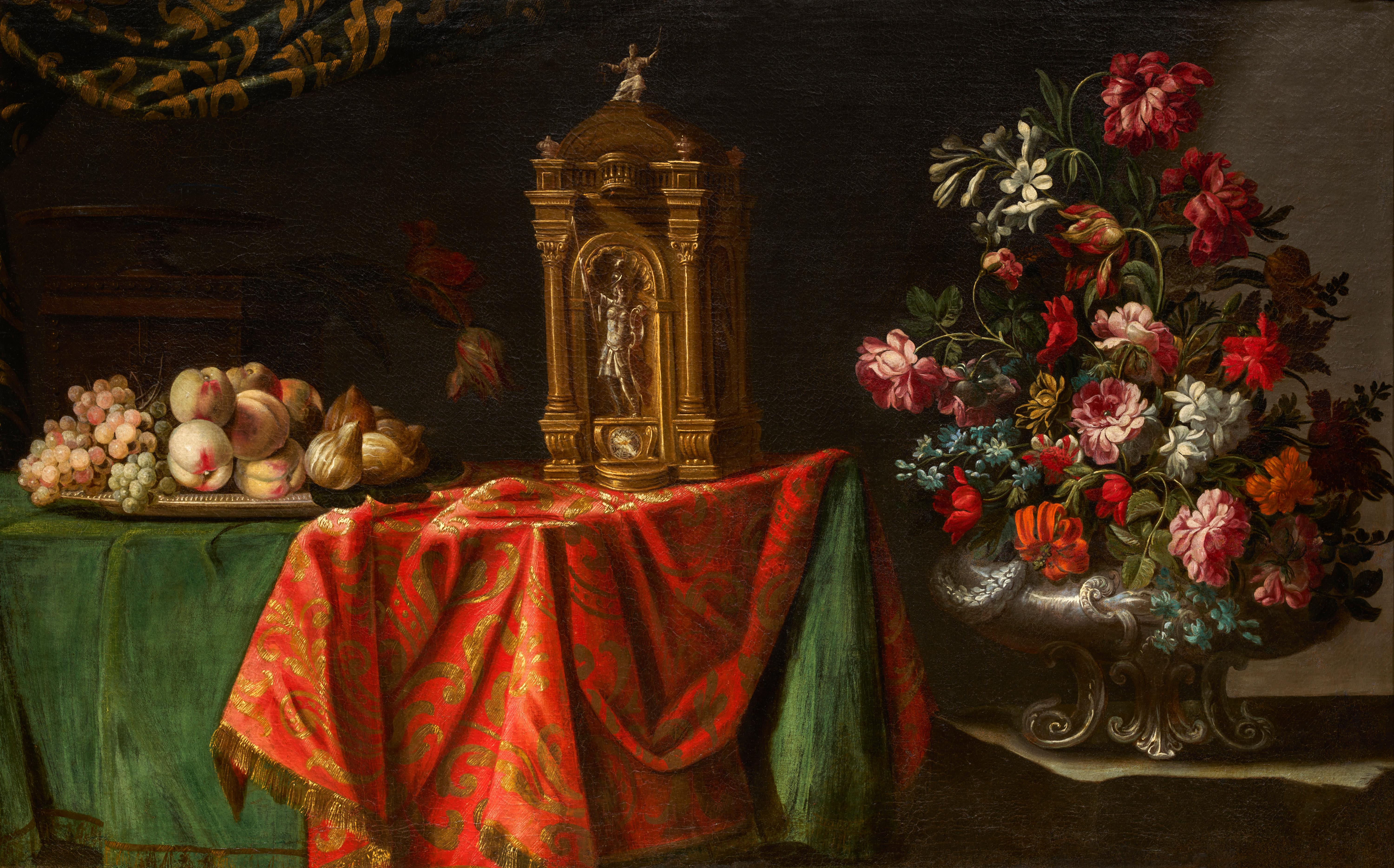 Barocke Silbervase mit Blumen, Obsttablett und Uhr von A. Zuccati  – Painting von Adeodato Zuccati