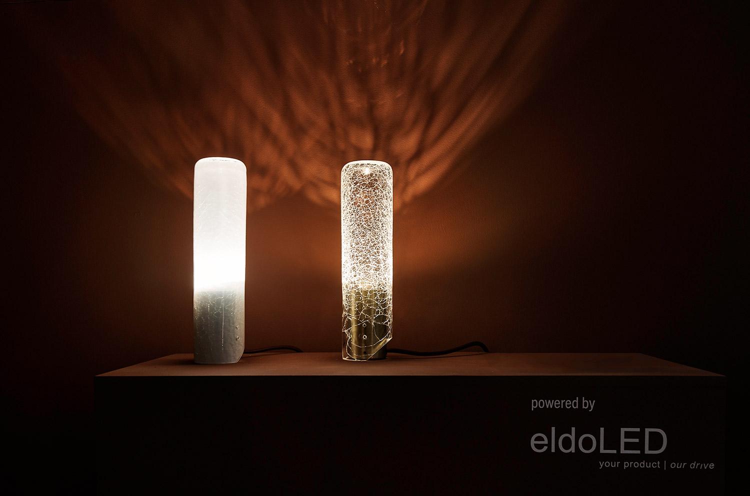 Polished ADesignStudio Crackle T1 Table Light Hand Blown Glass with Ambient LED Output For Sale