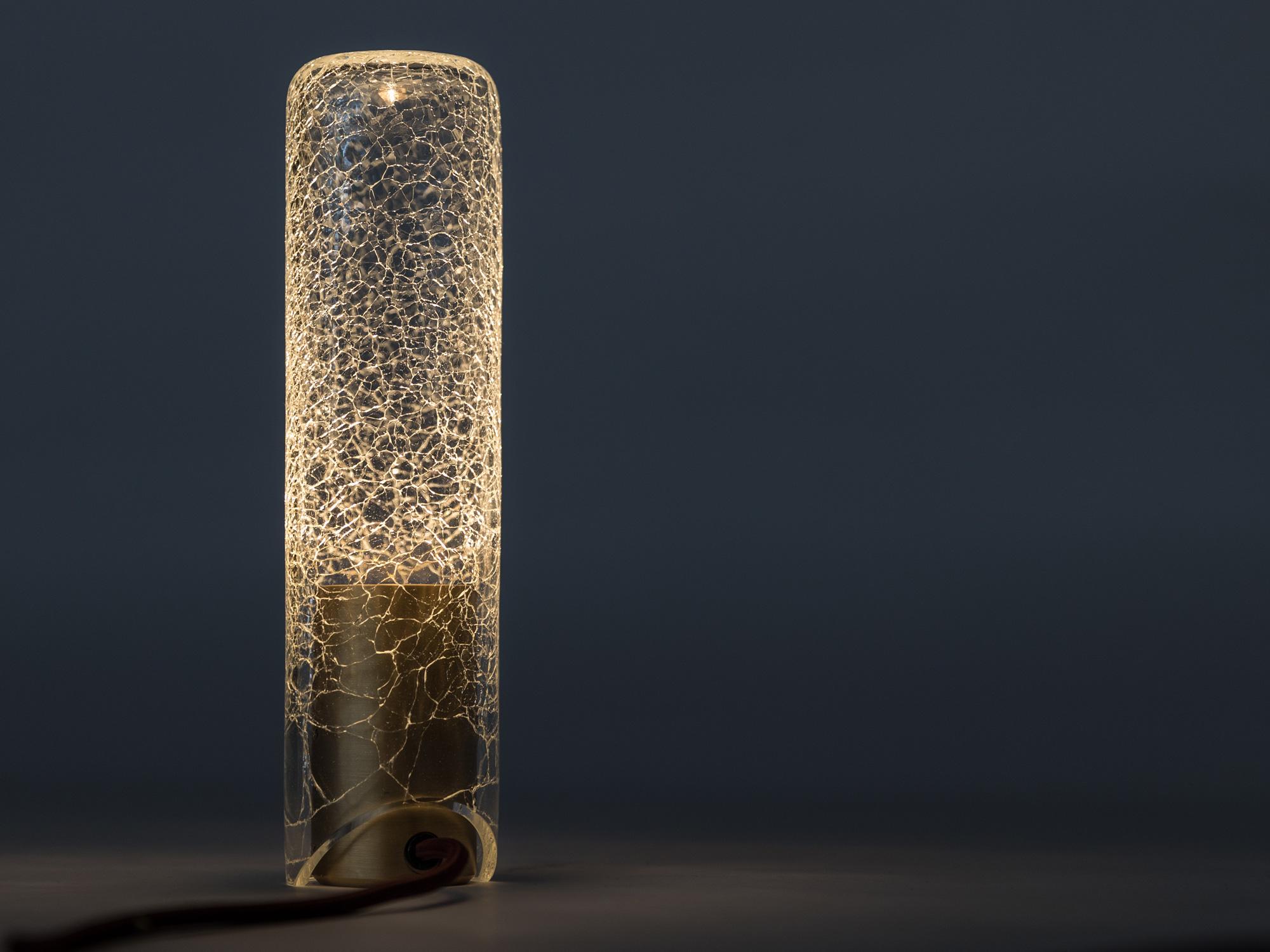Aluminum ADesignStudio Crackle T1 Table Light Hand Blown Glass with Ambient LED Output For Sale