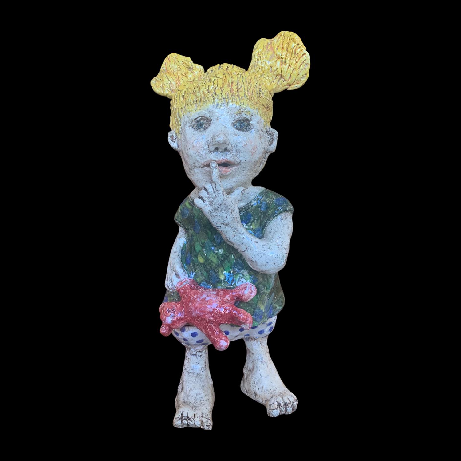 Adi Rom Figurative Sculpture - Toddler and the Teddy  Bear- Figurative Ceramic Sculpture 1 of 1 by Adi
