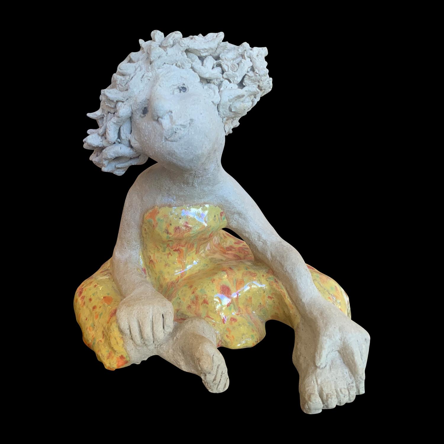 Adi Rom Figurative Sculpture - Little Girl Yellow Dress  Figurative Art Glazed Ceramic Sculpture 1 of 1 by Adi