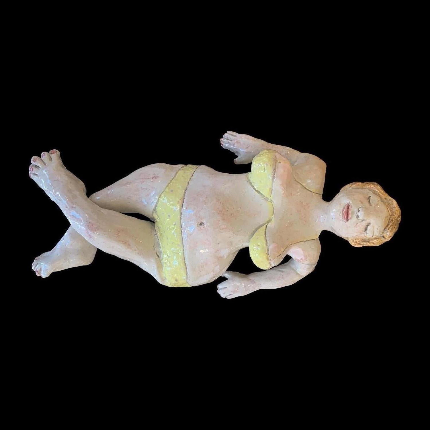 Woman Sunbathing With Yellow Swimsuit Glazed Ceramic Sculpture 1 of 1 by Adi - Black Figurative Sculpture by Adi Rom