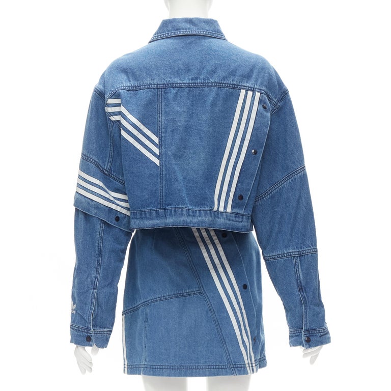ADIDAS DANIELLE CATHARI blue denim patchwork cropped jacket mini skirt set  S at 1stDibs