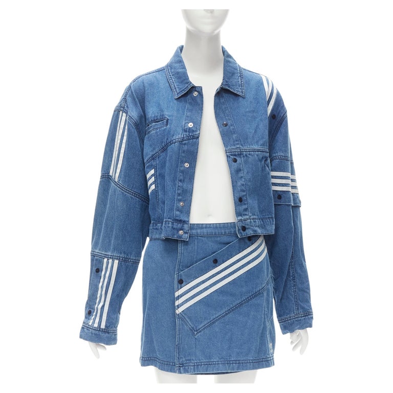 ADIDAS DANIELLE CATHARI blue denim patchwork cropped jacket mini skirt set  S at 1stDibs