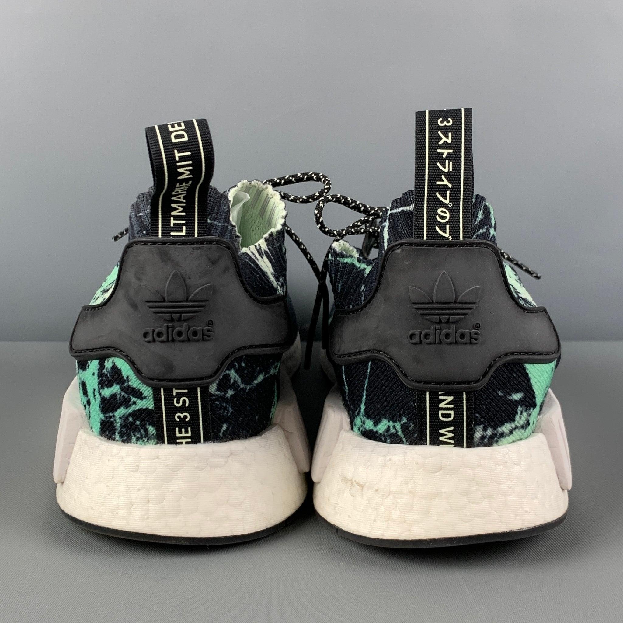 ADIDAS NMD R1 PK Size 12.5 Black Green Splattered Nylon Lace Up Sneakers For Sale 1