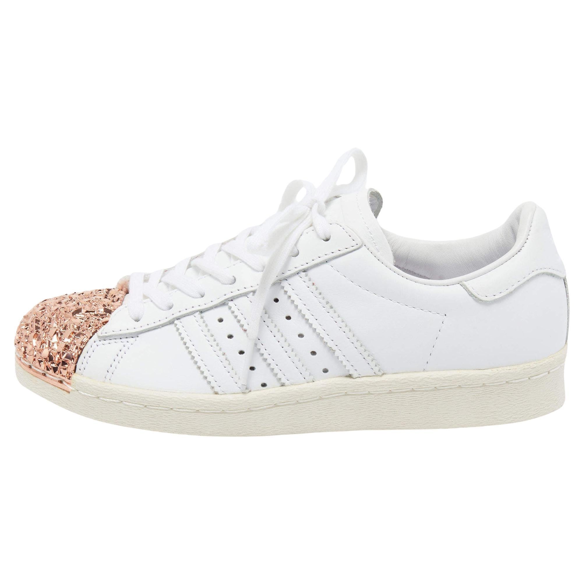 Adidas White/Pink Leather and Metal Superstar Sneakers Size 37.5