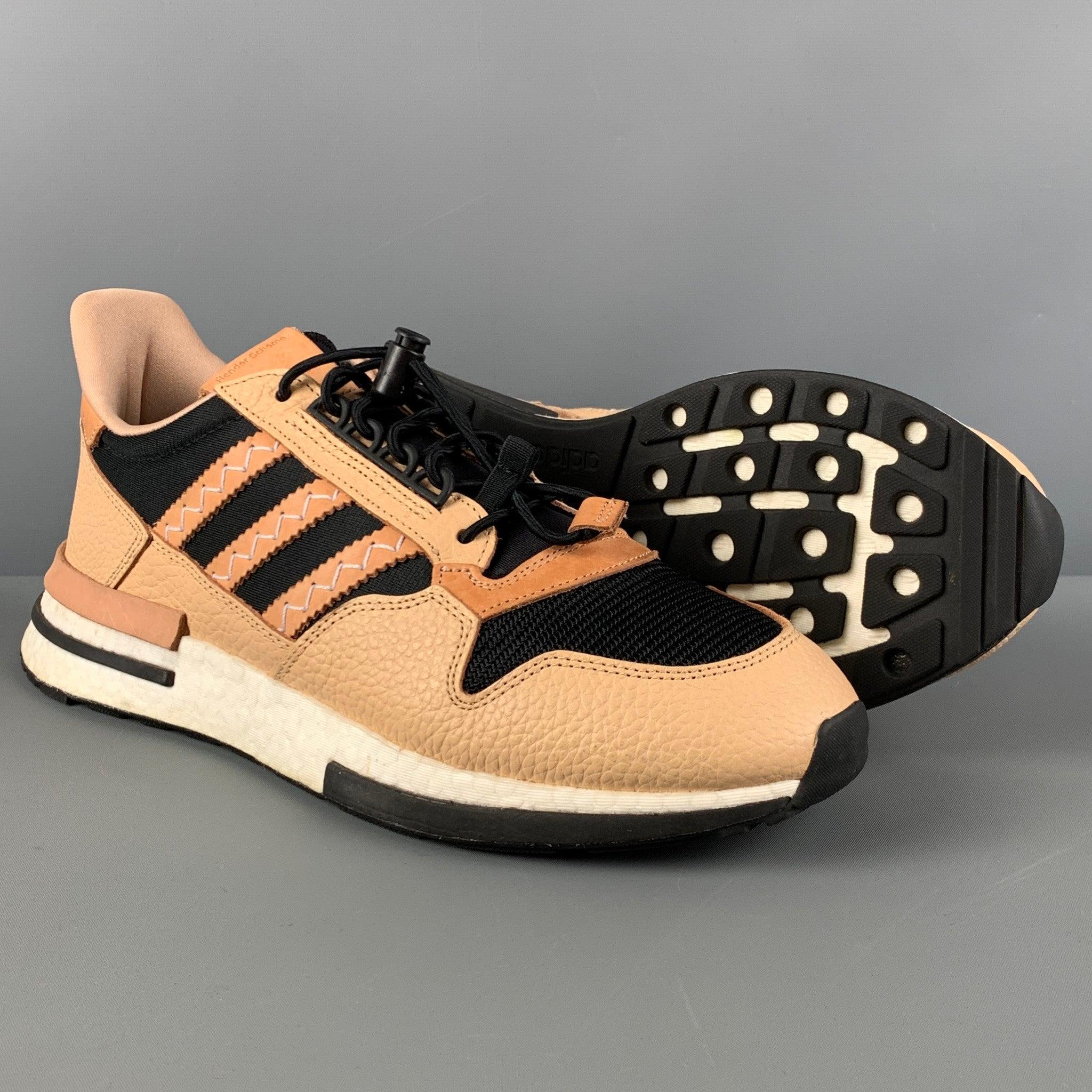 ADIDAS x HENDER SCHEME Size 10.5 Tan Black Leather Lace Up Sneakers In Good Condition For Sale In San Francisco, CA