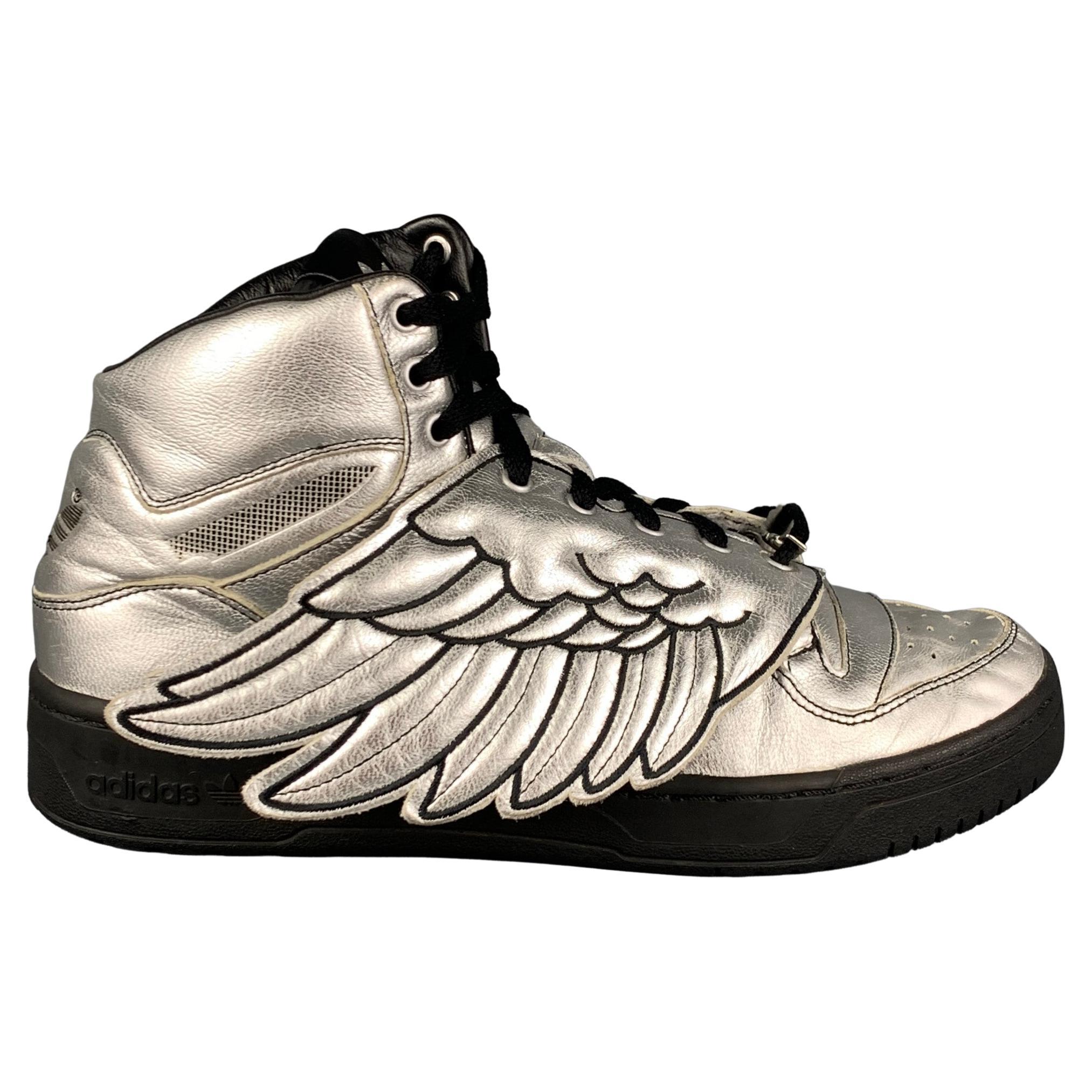 ADIDAS x JEREMY SCOTT Size 9 Silver Black Leather Metallic Wing Sneakers  For Sale at 1stDibs