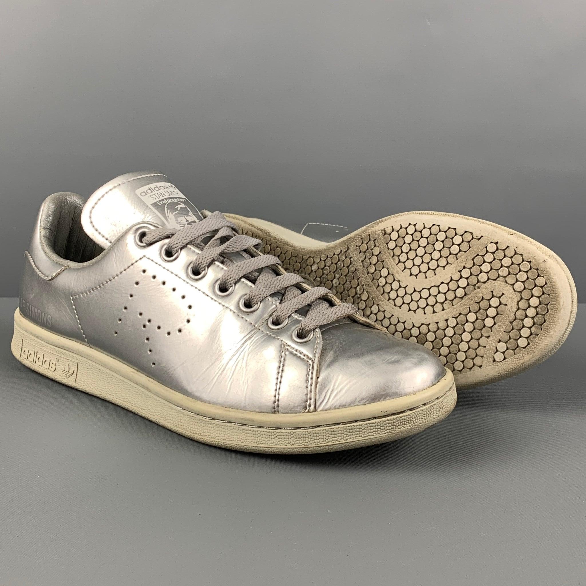 ADIDAS x RAF SIMONS Size 8.5 Silver Metallic Leather Low Top Sneakers In Good Condition In San Francisco, CA