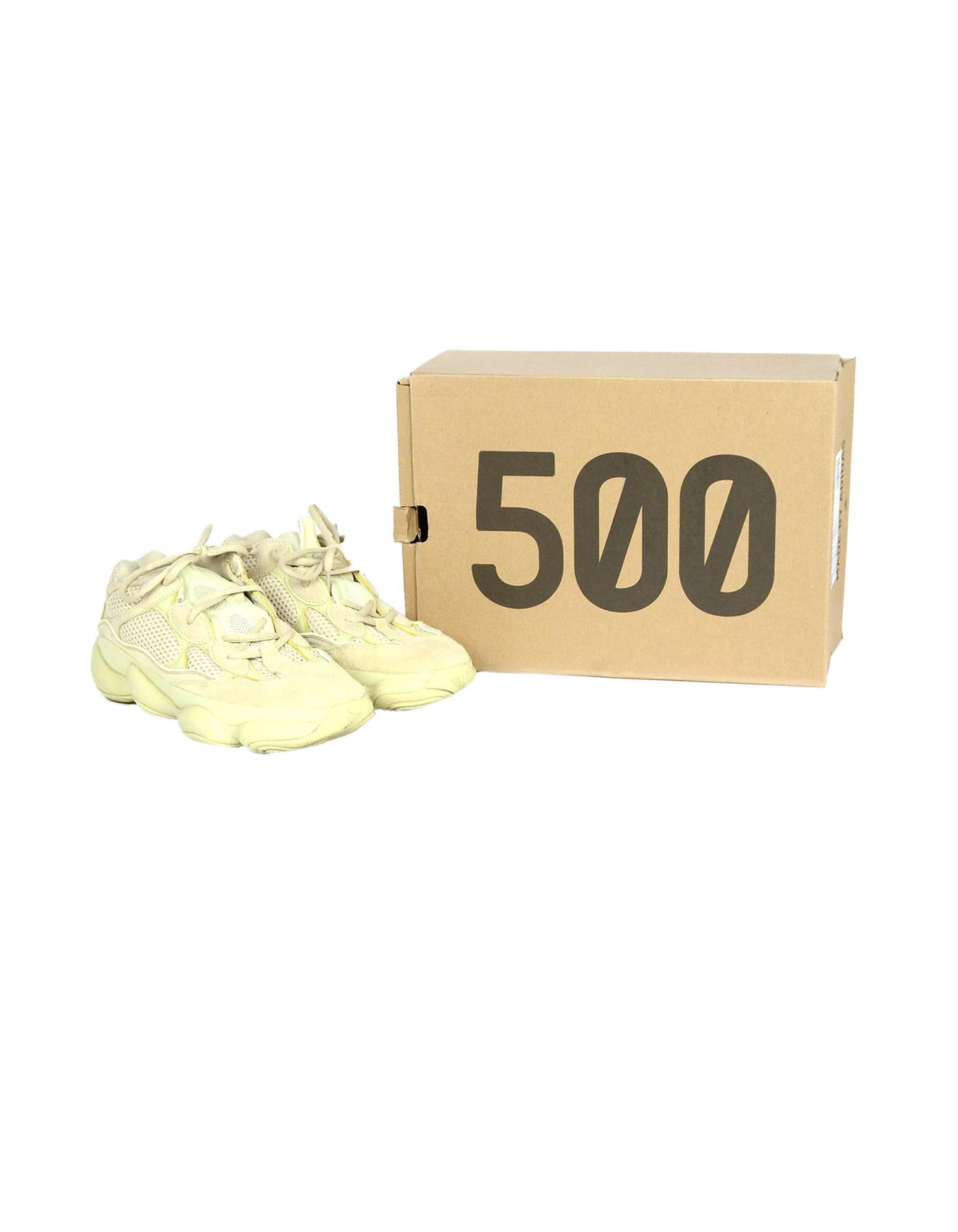 Adidas x Yeezy Unisex 2018 500 Desert Rat Super Moon Yellow Tint Sneakers Sz Men's 7, Women's 8.5

Made In: China
Year of Production: 2018
Color: Yellow tint
Materials: Suede, mesh, leather, rubber
Closure/Opening: Lace up front
Overall Condition: