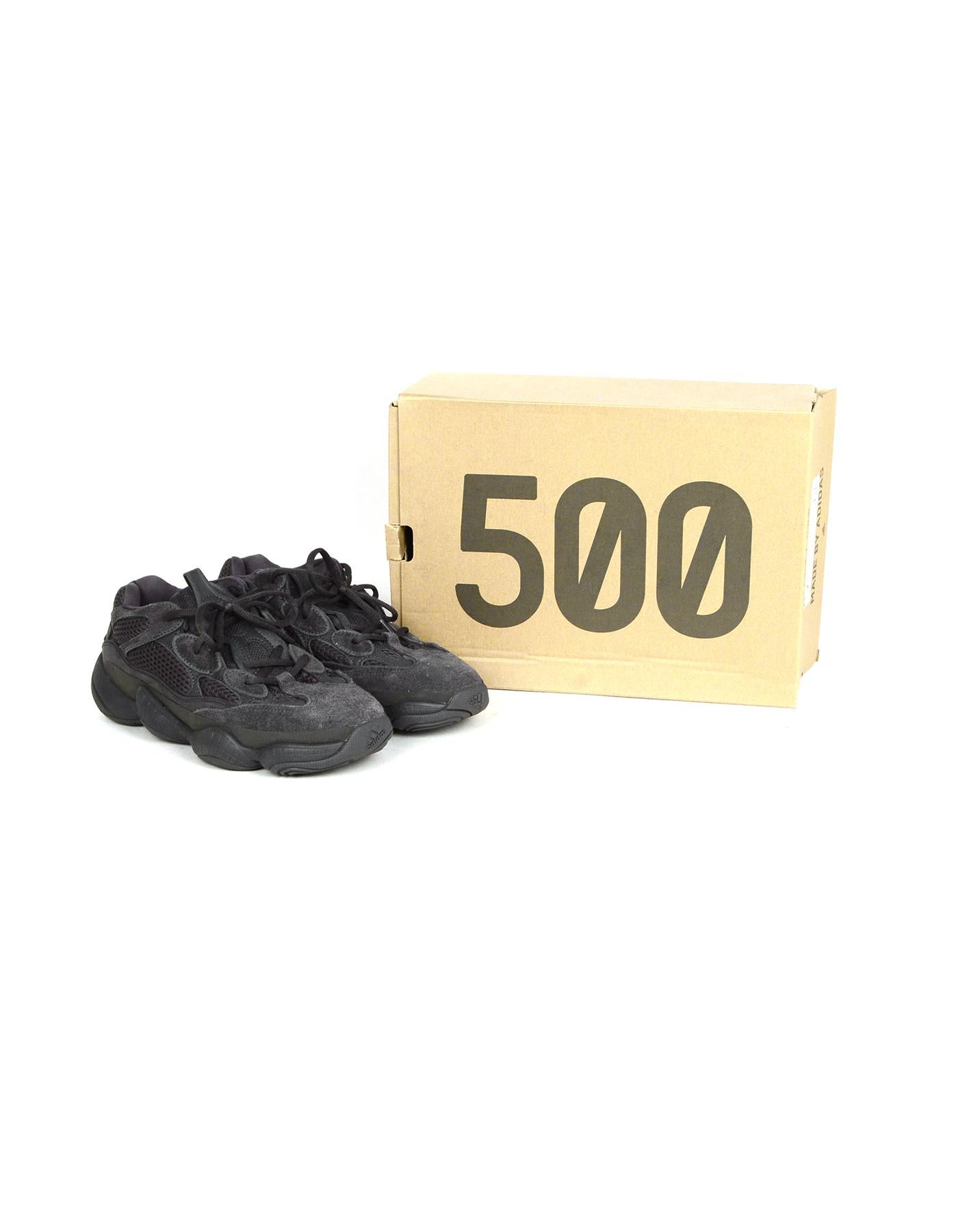 Adidas x Yeezy Unisex 2018 500 Desert Rat Utility Black Sneakers Sz Men's 7, Women's 8.5 In Box

Made In: China
Year of Production: 2018
Color: Black
Materials: Suede, mesh, leather, rubber
Closure/Opening: Lace up
Overall Condition: Excellent