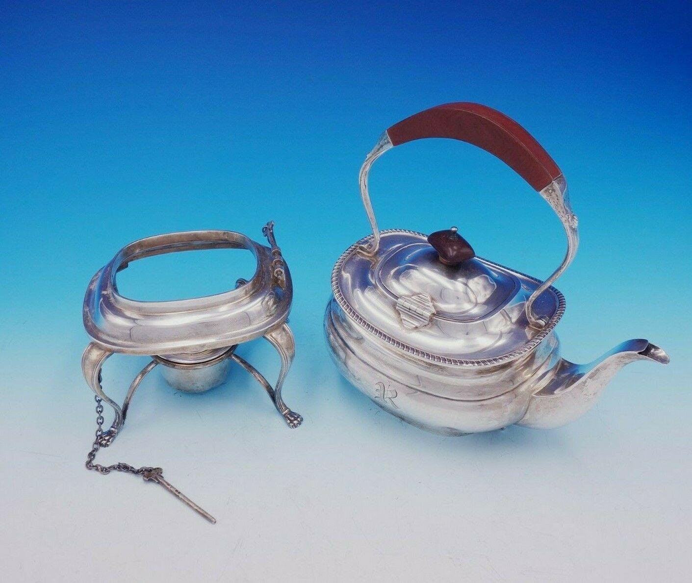 Adie Brothers English Sterling Silver Tea Set 7-Piece with Tray George II Style In Excellent Condition For Sale In Big Bend, WI