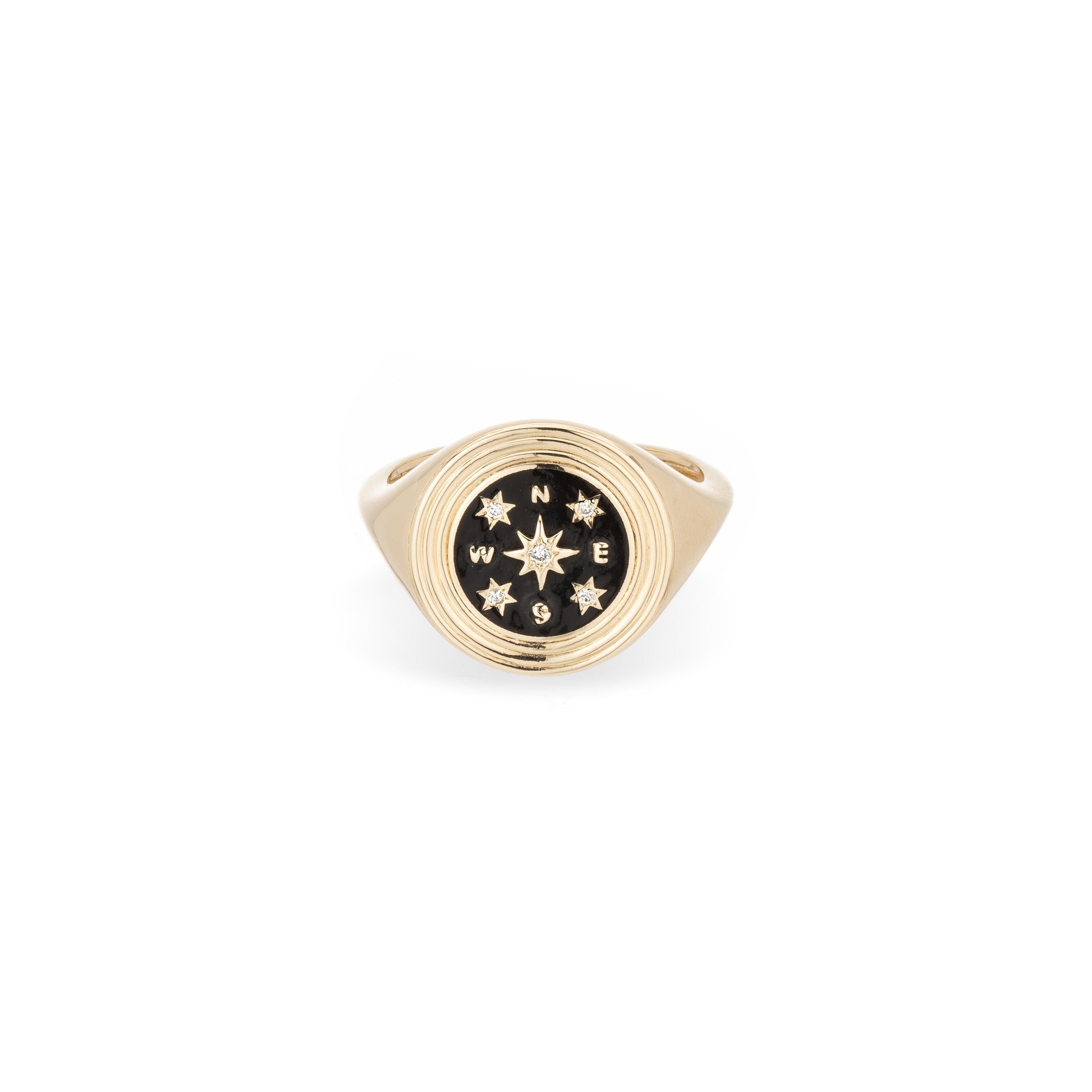 Adina Reyter One of a Kind Compass Ceramic + Diamond Signet Ring - Y14, Size 6

14k yellow gold and black ceramic signet ring with a compass symbol, embellished with hand-set pavé diamond stars. You're always pointing North with this compass