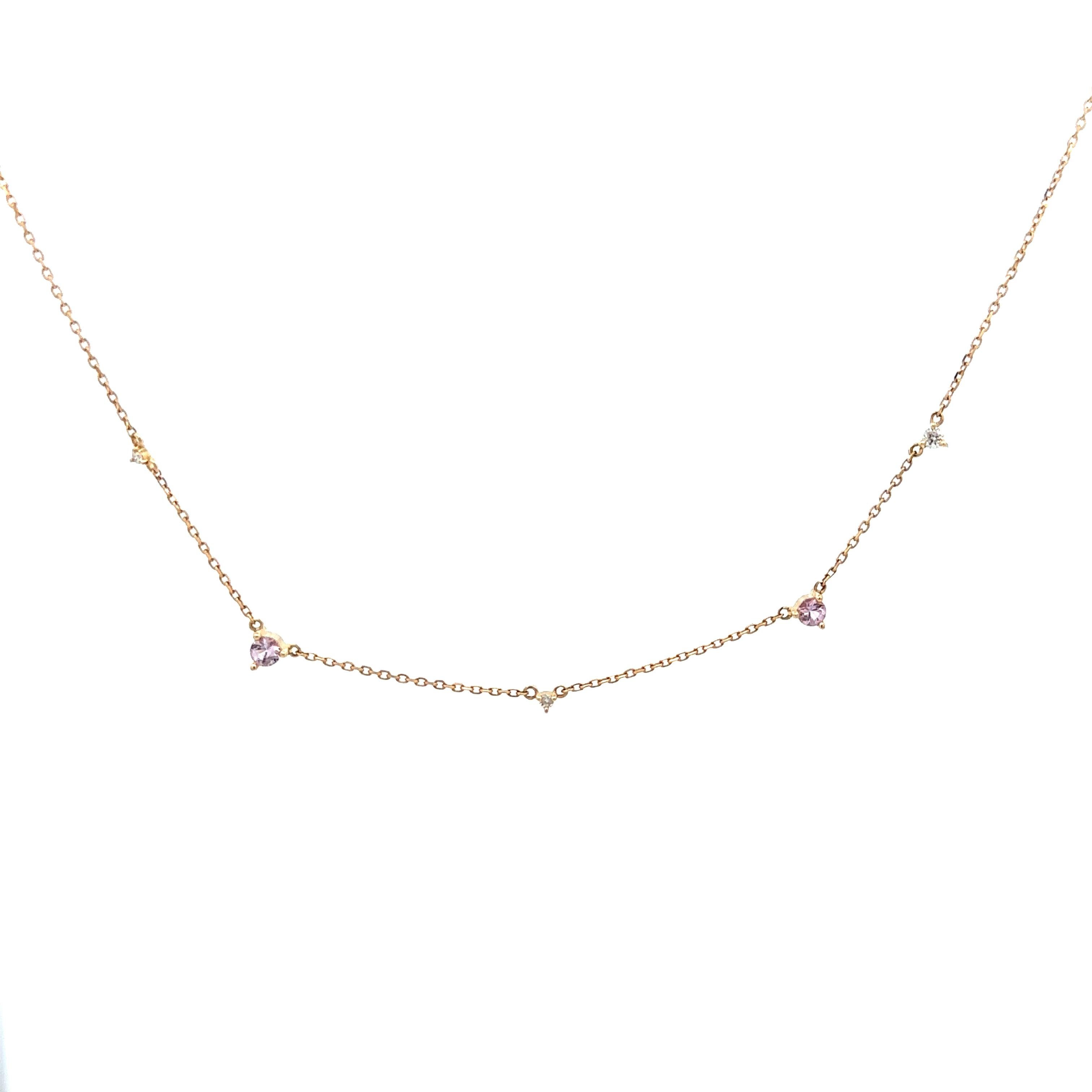 Adina Reyter One of a Kind Pink Sapphire + Diamond Station Necklace in 14K Yellow Gold. 

14k yellow gold necklace with prong-set pink sapphire and diamonds. 5 mixed-sized diamonds and pink sapphires measure 25mm apart. Adjustable 15/16