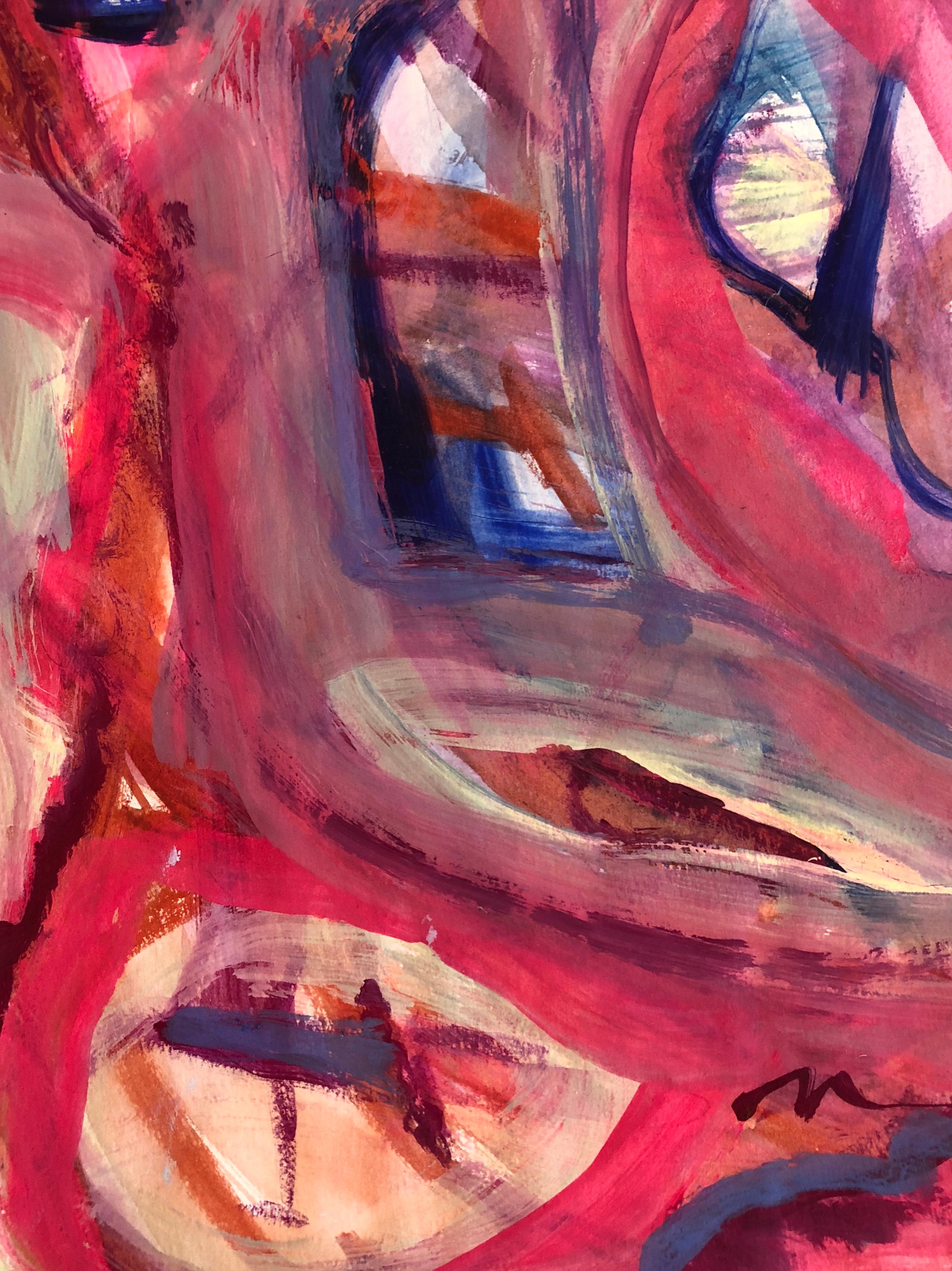 Magnifique huile et aquarelle sur papier de l'artiste expressionniste abstraite Adine Stix. De belles nuances de rose, de violet, de bleu cobalt avec une pointe d'orange couvrent le papier pour créer l'apparence d'une figure abstraite. Signé au dos
