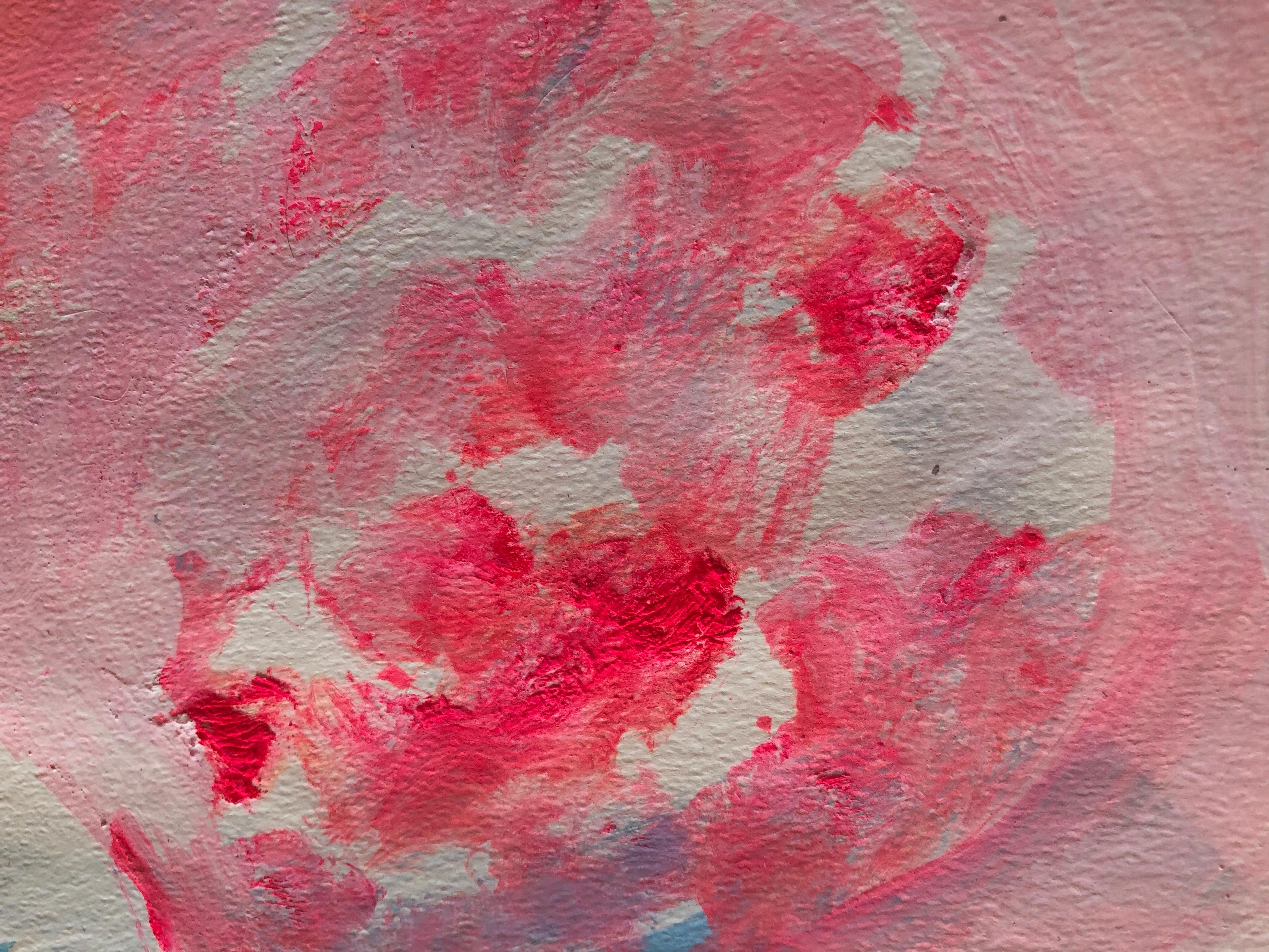 Gorgeous oil  on paper by abstract expressionist artist Adine Stix. Beautiful hades of pink, with purple, blue, yellow and a touch of brown create a gorgeous abstract landscape. Signed on the lower front right ”Adine ‘67..” 
Provenance: the artist’s