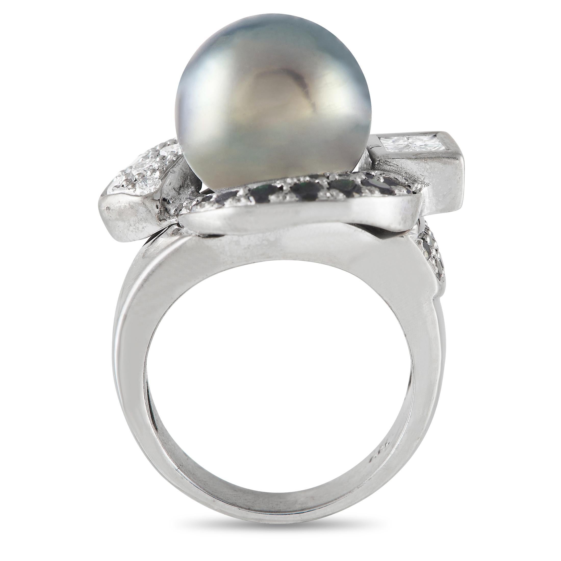A bold, captivating design makes this ring an artistic piece of jewelry that will continually catch the eye. At the center of the creative 18K White Gold setting, a 12.5mm Tahitian pearl serves as a stunning focal point. White diamonds totaling 0.55