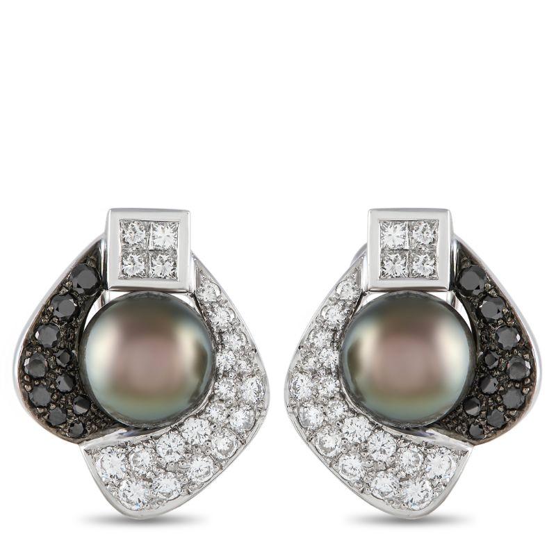 ADione White Gold 1.65ct White & 0.70ct Black Diamond & Tahitian Pearl Earrings In Excellent Condition For Sale In Southampton, PA