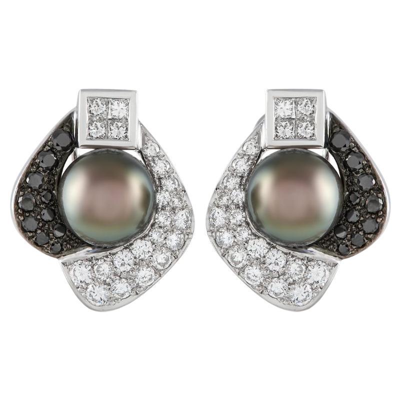 ADione White Gold 1.65ct White & 0.70ct Black Diamond & Tahitian Pearl Earrings For Sale