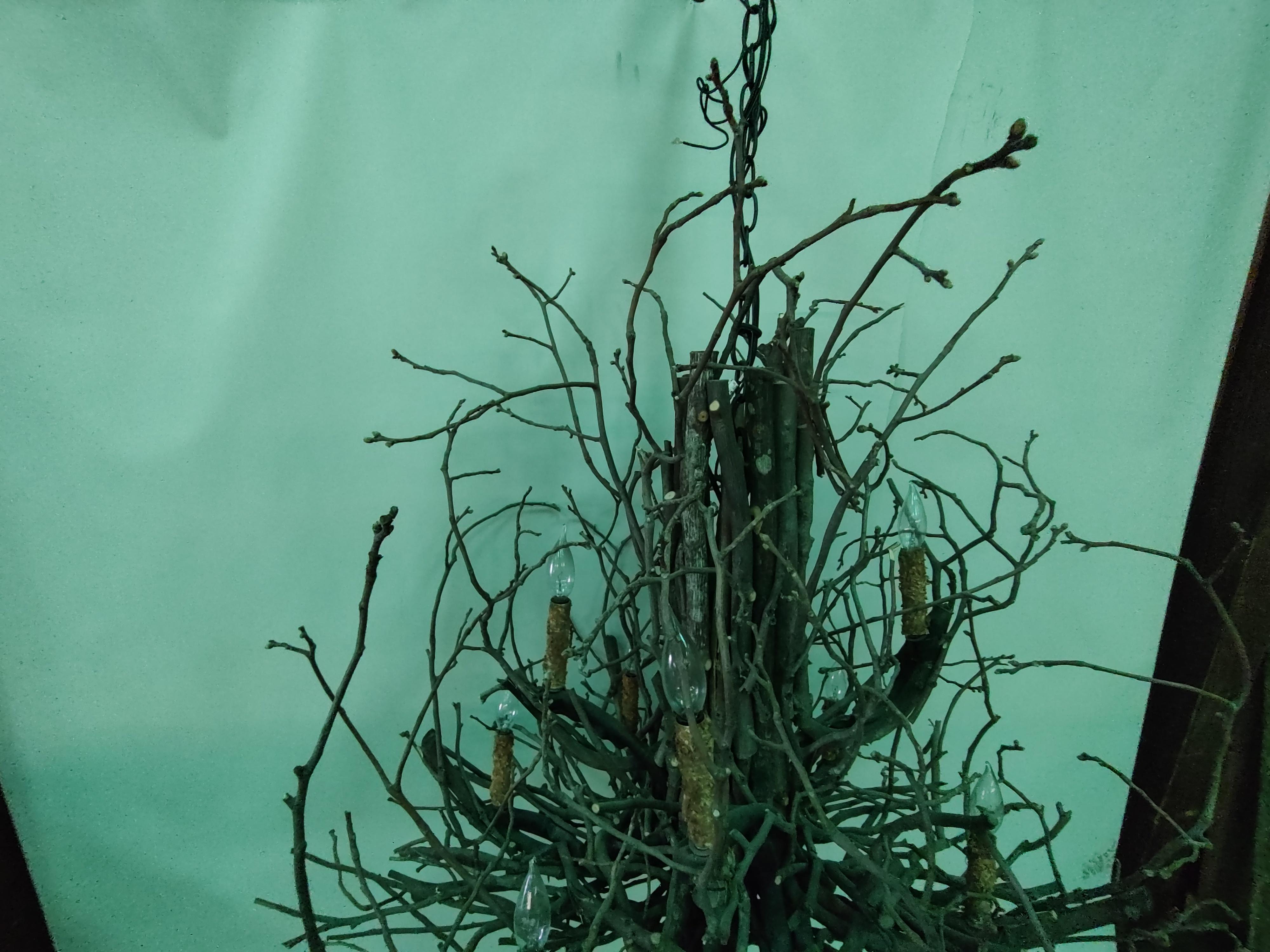 Fabulous hand crafted assembled twig chandelier in the style of the rustic Adirondacks. Large 42 x 53 high this 10 light chandelier is an amazing and natural looking source of light. 1 available, UL listed. In excellent vintage condition with