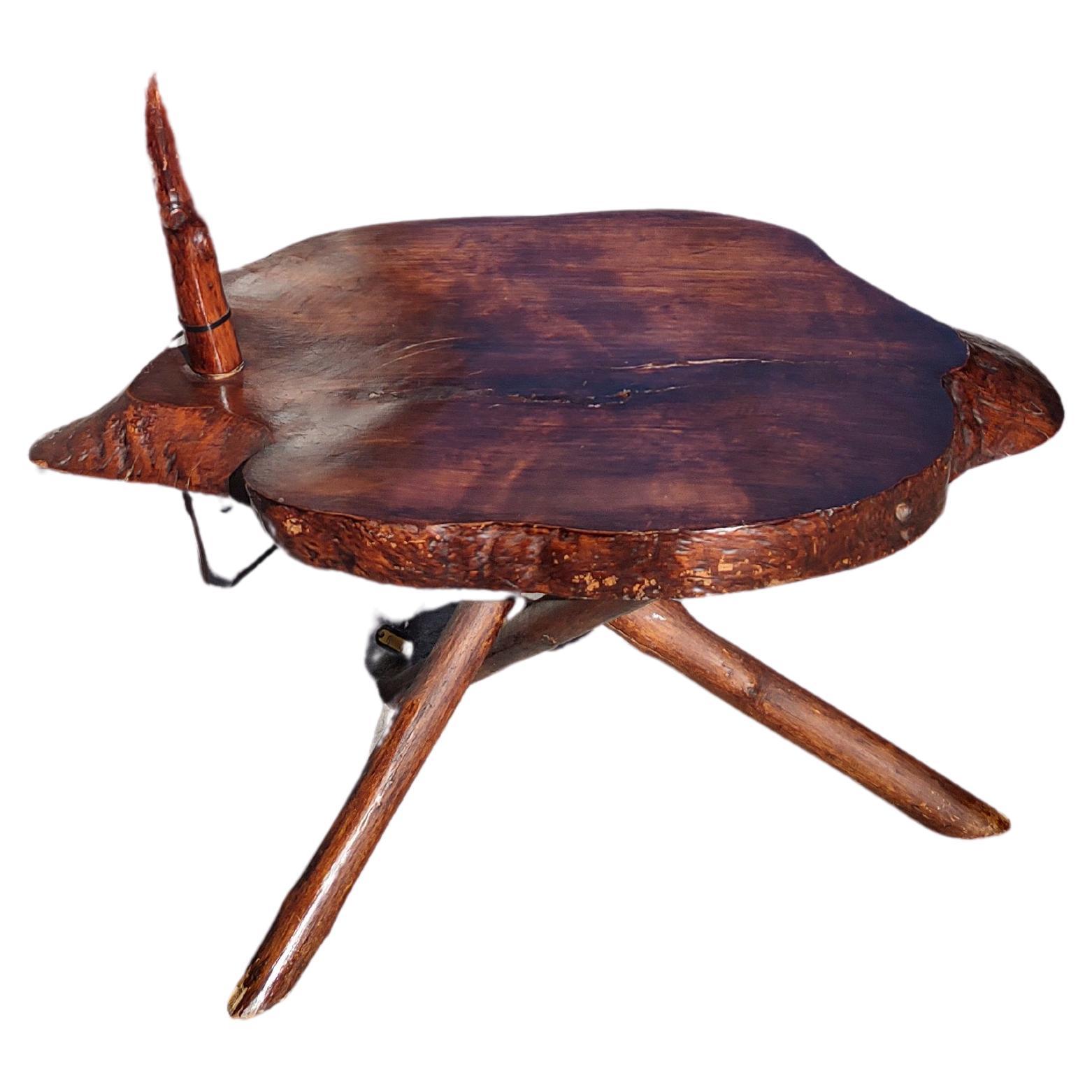 Fabulous bent Twig floor lamp in the Adirondack style with a good size table. Table size is 29 x 19.5 slab 1.85 thick. Well crafted from local Maple trees and stained. In excellent vintage condition with minimal wear. Shade included. New silk cord