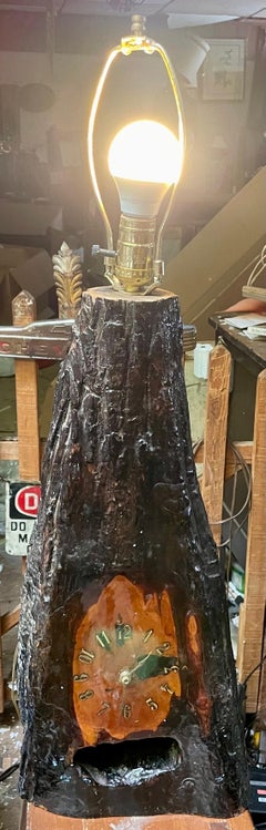 Adirondack Cabin Rustic Style Handmade Burl Wood Table Lamp Bark Clock Lacquered