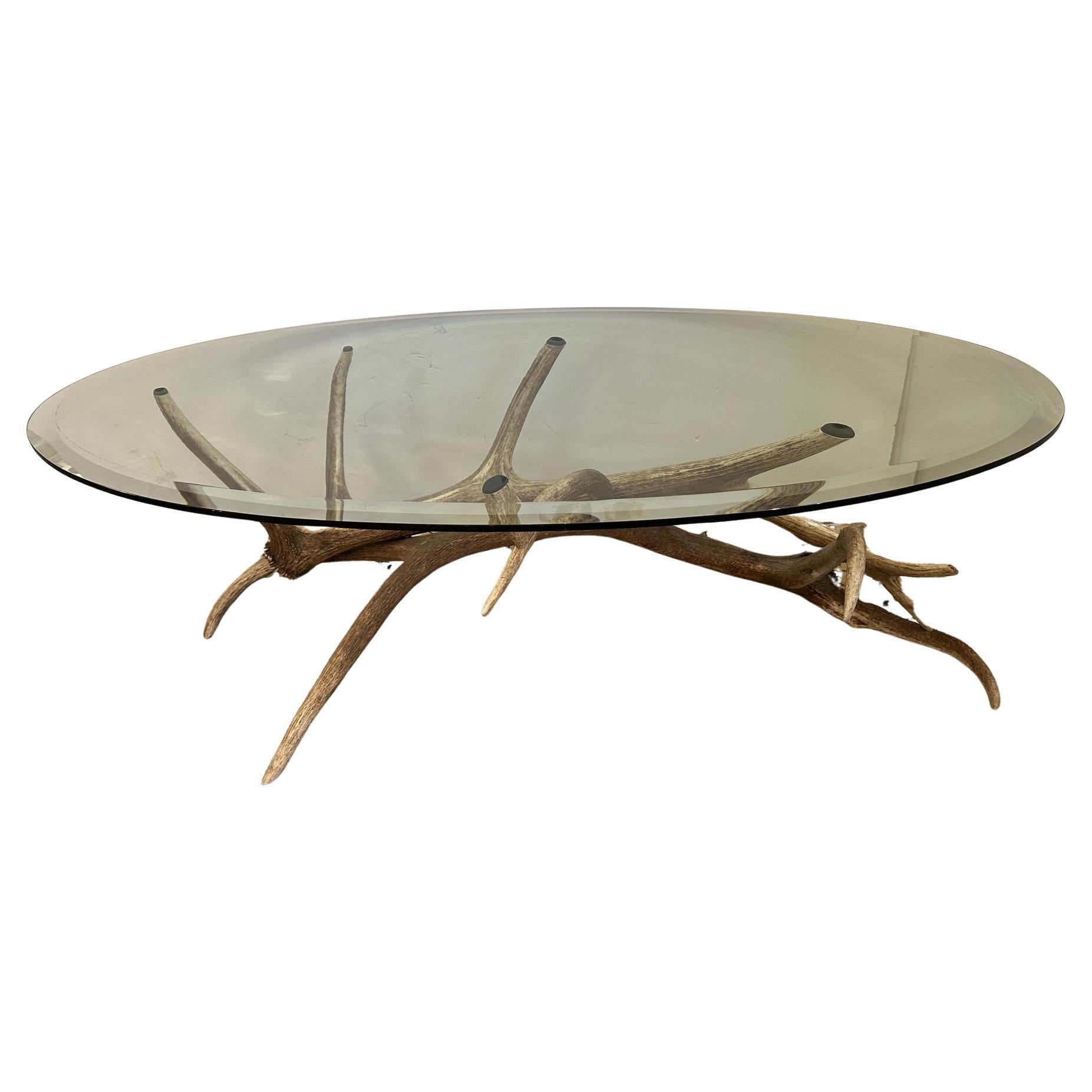 Table basse en bois d'élan et verre ovale Adirondack Chic